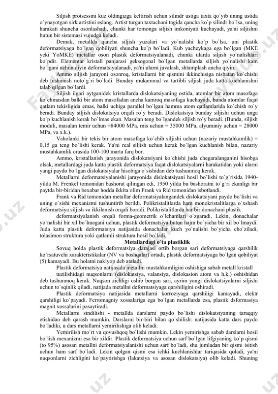 r, faqat mexanik deformatsiya ta'siridagina paydo bo`lmasdan balki metalni tez sovitish (isitish) natijasida yoki butun hajm bo`yicha notekis qizdirish (sovitish) natijasida bo`lishi mumkin. bunday qoldiq kuchlanishlar issiqlik yoki termik qoldiq kuchlanishlar deb ataladi. umuman kuchlanishlar kristallanish jarayonida ham hosil bo`lishi mumkin yoki butun hajm bo`yicha struktura o`zgarishlari bir xil bo`lmaganda yoki metall bir tekis deformatsiyalanmaganda ham ichki qoldiq kuchlanishlar mavjud bo`lishi mumkin. bunday ichki kuchlanishlarga strukturaviy yoki fazoviy ichki kuchlanishlar deb ataladi. metallarning elastik va plastik deformatsiyalanishi elastik deformatsiya. agar tashqi kuch ta'siridan keyin jism formasiga (geometriyasiga), strukturasiga, hamda xossalariga deformatsiyaning ta'siri butunlay qolmasa, bunday deformatsiyaga sabab elementar kristall panjaradagi atomlar orasidagi masofaga juda kam o`zgarganligi sababli atomlar orasidagi ta'sir kuch natijasida kristall panjara o`z holatini tezda yana tiklaydi. shuning uchun elastik deformatsiya natijasida forma o`zgarishlar ro`y bermaydi. elastik deformatsiya, detallarni ishlash jarayonida juda ko`p martalab ro`y beradi. bu esa metallarning eksplotatsion xossalarini belgilaydi. plastik deformatsiya. tashqi kuch ta'siri ostida, …