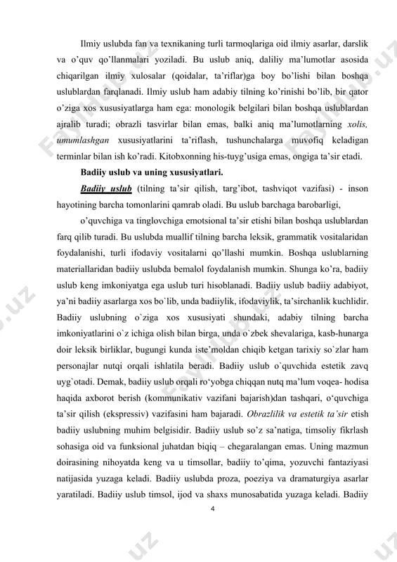chegaralangan emas. uning mazmun doirasining nihoyatda keng va u timsollar, badiiy to’qima, yozuvchi fantaziyasi natijasida yuzaga keladi. badiiy uslubda proza, poeziya va dramaturgiya asarlar yaratiladi. badiiy uslub timsol, ijod va shaxs munosabatida yuzaga keladi. badiiy uslubda umumxalq tili va adabiy tilning barcha qatlamiga mansub so’z va iboralar keng va faol ishlatiladi hamda estetik ta’sir etish vazifasini bajaradi. badiiy adabiyot tili yoki badiiy uslub adabiy tilda alohida o‘rin tutadi. badiiy uslubda xalq tilidagi hamma vositalardan erkin foydalaniladi. badiiy uslubning asosiy belgilari: 1. turli tasviriy vositalar, chunonchi, sifatlash, qiyoslash, mubolag‘a, kinoya, o‘xshatish va hokazolar qo‘llanadi: bulutning orasidan quyosh kulib qaraydi, majnuntolning yuvilgan sochlarini taraydi (e. vohidov). shoir bu misralarda badiiy tasvirning jonlantirish usulidan foydalanib, insonga xos kulish (kulib qaraydi), tarash (sochlarini taraydi) harakatlarini quyoshga nisbatan ishlatadi. 2. til vositalaridan erkin foydalaniladi. badiiy asarlarda adabiy tilga xos til birliklari, shuningdek, adabiy tildan tashqarida bo‘lgan sheva, oddiy nutq, jargon kabilarga xos so‘zlar bo‘lishi ham …