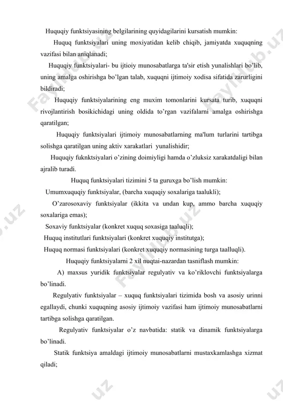 nktsiya, javobgarlik kabilarni o’z ichiga olsa, regulyativ funktsiya pozitiv funktsiya bo’lib, xuquq sub'ektlarining ijobiy faoliyatini muvofiqlashtirishga yunaltirilgandir. huquq funktsiyalari tatbiql etishning 3 ta shakli mavjud bo’lib, ularga: informatsion, yunaltirilgan (orientirovanno`y), xuquqiy shakllar kiradi. huquqshunos olim z.islomov xuquqning funktsiyasi to’qrisida quyidagi fikrlarni bildirgan. xuquqning funktsiyalari uning fazifalaridan kelib chhadi. xuquqning vazifasi davlatning iqtisodiy, siyosiy, madaniy va mafko’raviy vazifalarini amalga oshiradi. u shulardan kelib chhadigan kishilar o’rtasidagi turli ijtimoiy munosabatlarni tartibga soladi. huquq kishilar o’rtasidagi ijtimoiy munosabatlarni rivojlantirib tartibga solsa bu xuquqning dinamik funktsiyasi bo’ladi. masalan; o’zbekiston respublikasi mexnat kodeksining 259 – moddasiga asosan mexnat nizolarining xal qilinishi. huquq kishilar o’rtasidagi turli ijtimoiy munosabatlarni ximoya qilsa-bu xuquqning qo’riqlovchi (negativ) funktsiyasi bo’ladi. bunda xuquqni turli soxalarida qarab, ijtimoiy munosabatlar ximoya qilinadi. turli xuquqbo’zarliklarning jamiyat uchun yetkazgan moddiy va ma'naviy oqibatlariga qarab , intizomiy, ma'muriy, fuqarolik, jinoiy va boshqa jazo choralari belgilangan. bulardan tashkari xuquq tarbiyaviy funktsiyaga ega. xuquq kishilarga goyaviy ta'sir kursatib, ularning …