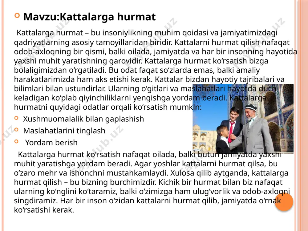 r. yo‘llarda tirbandlik va tartibsizlik yuzaga kelishi. svetofor qoidalari – yo‘l harakatining ajralmas qismidir. ularga amal qilish nafaqat o‘z hayotimizni, balki atrofimizdagilarning hayotini ham himoya qiladi. har birimiz yo‘llarda hushyor bo‘lishimiz va svetofor qoidalariga qat’iy amal qilishimiz kerak. mavzu:yo’lni kesib o’tish odobi va qoidalari yo‘lni kesib o‘tish – har bir piyoda uchun muhim qoidalardan biridir. bu qoidalarga rioya qilish yo‘l harakati xavfsizligini ta’minlaydi va baxtsiz hodisalarning oldini oladi. yo‘lni kesib o‘tishda e’tiborli va hushyor bo‘lish har bir insonning hayoti uchun zarurdir. yo‘lni kesib o‘tish qoidalari: maxsus zebradan foydalanish svetoforga rioya qilish yo‘lga chiqishdan oldin tekshirish tez yurish yoki yugurishdan saqlanish transport vositalari oldidan chiqmaslik yo‘l harakati qoidalariga rioya qilmaslik quyidagi xavflarga olib kelishi mumkin: transport vositalari bilan to‘qnashuv. haydovchilar va piyodalarning hayoti xavf ostida qolishi. jarohatlar yoki boshqa baxtsiz hodisalar. yo‘lni kesib o‘tishda e’tibor va qoidalarga rioya qilish – hayotingizni asrashning eng muhim shartidir. har bir piyoda yo‘l harakati qoidalarini …