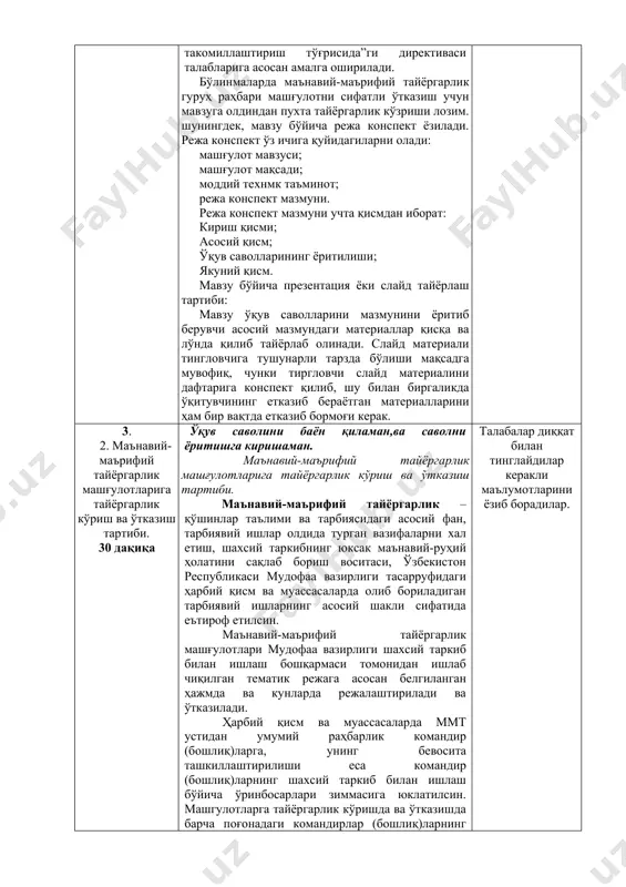 ифий тайёргарлик гуруҳ раҳбари машғулотни сифатли ўтказиш учун мавзуга олдиндан пухта тайёргарлик кўзриши лозим. шунингдек, мавзу бўйича режа конспект ёзилади. режа конспект ўз ичига қуйидагиларни олади: машғулот мавзуси; машғулот мақсади; моддий технмк таъминот; режа конспект мазмуни. режа конспект мазмуни учта қисмдан иборат: кириш қисми; асосий қисм; ўқув саволларининг ёритилиши; якуний қисм. мавзу бўйича презентация ёки слайд тайёрлаш тартиби: мавзу ўқув саволларини мазмунини ёритиб берувчи асосий мазмундаги материаллар қисқа ва лўнда қилиб тайёрлаб олинади. слайд материали тингловчига тушунарли тарзда бўлиши мақсадга мувофиқ, чунки тиргловчи слайд материалини дафтарига конспект қилиб, шу билан биргаликда ўқитувчининг етказиб бераётган материалларини ҳам бир вақтда етказиб бормоғи керак. талабалар диққат билан тинглайдилар ўқув саволи мазмунини ёритиш бўйича слайдлар тўплами ва электрон намойиш. 3. 2. маънавий-маърифий тайёргарлик машғулотларига тайёргарлик кўриш ва ўтказиш тартиби. 30 дақиқа ўқув саволини баён қиламан,ва саволни ёритишга киришаман. маънавий-маърифий тайёргарлик машғулотларига тайёргарлик кўриш ва ўтказиш тартиби. маънавий-маърифий тайёргарлик – қўшинлар таълими ва тарбиясидаги асосий …