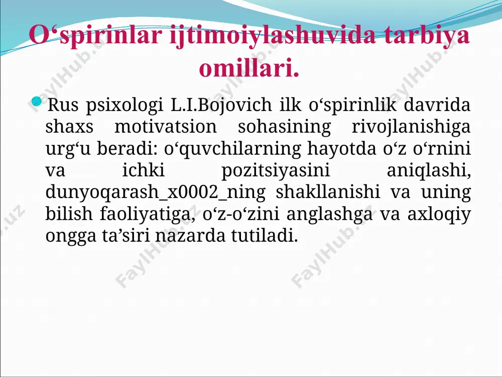 bogliq uch jarayondan iborat: biologiya o’rganadigan jismoniy taraqqiyot, psixologiya o’rganadigan ongli «men»ning rivojlanishi, ijtimioy fanlar o’rganadigan ijtimoiy rivojlanish. taraqqiyotning asosiy qonuni — «epigenetik prinsip» bo’lib, rivojlanishning har bir yangi bosqichida oldingi bosqichlarda bolmagan yangi hodisa va xislatlar paydo boladi. taraqqiyotning yangi fazasiga olish «normativ inqiroz» shaklida oladi, u tashqaridan patologik hodisaga o‘xshaydi, lekin o‘sishning normal qiyinchiliklarini ifodalaydi personologik yo‘nalish vakillari, jumladan e.shprangerning ta’kidlashicha, bu davrdagi asosiy o‘zgarishlar: shaxsiy «men»ni kashf qilish, refleksiyaning o‘sishi, o'zining individualligini anglash va shaxsiy xususiyatlarini e’tirof etish, hayotiy ezgu rejalarning paydo bolishi, o‘z shaxsiy turmushini ongli holda qurishga intilish va hokazolardir. shpranger o‘spirinlikni ikki davrga boladi. birinchi davr 14—17 yoshlarda vujudga keladigan inqiroz o‘spirinlarda o‘zlarini kattalarning bolalarcha munosabati doirasidan qutulish tuyg‘usi paydo bolishidan iboratdir. 17—21 yoshlilarning asosiy xususiyati ularda tengqurlaridan «ajralish» inqirozi va tanholik istagining paydo bolishidir. kognitivistik yo‘nalishning asoschilari qatoriga j.piaje, dj.kelli, l.kolberg, d.bromley, dj.birrer, a.vallon, g.grimm va boshqalarni kiritish mumkin. j.piajening intellekt nazariyasi aql-idrok …