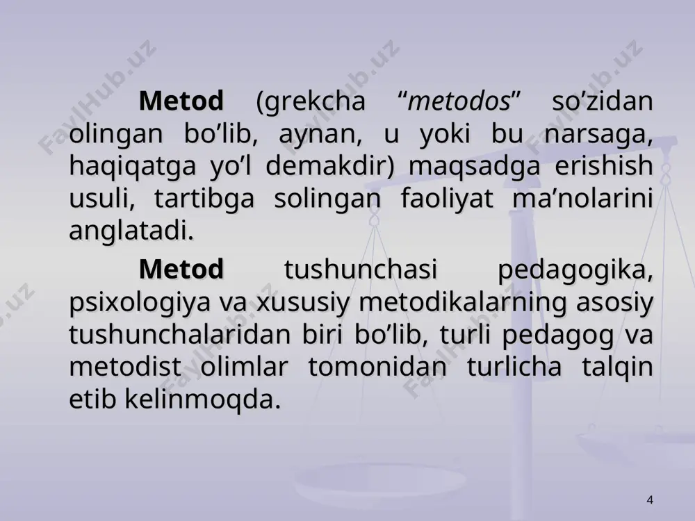 arini ikki guruhga ajratadilar: 1) o’zaro ta’sirni tashkil etish va boshqarish metodlari; 2) o’zaro ta’sir natijasini nazorat etish metodlari. l.n.skatkin (metodist olim) o’z kitobida barcha o’qitish metodlarini 2 guruhga ajratib ko’rsatadi: 1) reproduktiv metodlar 2) produktiv metodlar * a.m.pishkalo “методика преподавания математики в i-iii классах” deb nomlangan kitobida o’qitish metodlarini 2 guruhga ajratib bayon etadi: 1) bu guruhga o’qituvchi va o’quvchilarning darsdagi faoliyatlarini tashkil etishga qaratilgan metodlar: tushuntirish, bayon etish, suhbat, o’quvchilarning mustaqil ishlarini kiritadi. 2) bu guruhga bilim olish manbalaridan kelib chiqadigan metodlarni kiritadi: o’qituvchining og’zaki nutqi, kitob ustida ishlash, ko’rgazmali qurollardan foydalanish, o’quvchilarning amaliy ishlarini kiritadi. * o’quv-bilish faoliyatini tashkil qilish metodlari bir necha guruhlarga bo’linadi: i. o’quvchilar bilim oladigan manbalar bo’yicha og’zaki, ko’rsatmali va amaliy metodlar. ii. o’quvchi fikrining yo’nalishi bo’yicha: induksiya, deduksiya va analogiya. iii. pedagogik ta’sir, boshqarishning darajasi, o’quvchilarning o’qishda mustaqilliklari darajasi bo’yicha: o’qituvchi boshchiligida bajariladigan o’quv ishlari metodi, o’quvchilarning mustaqil ishlari metodi. iv. o’quvchilarning …
