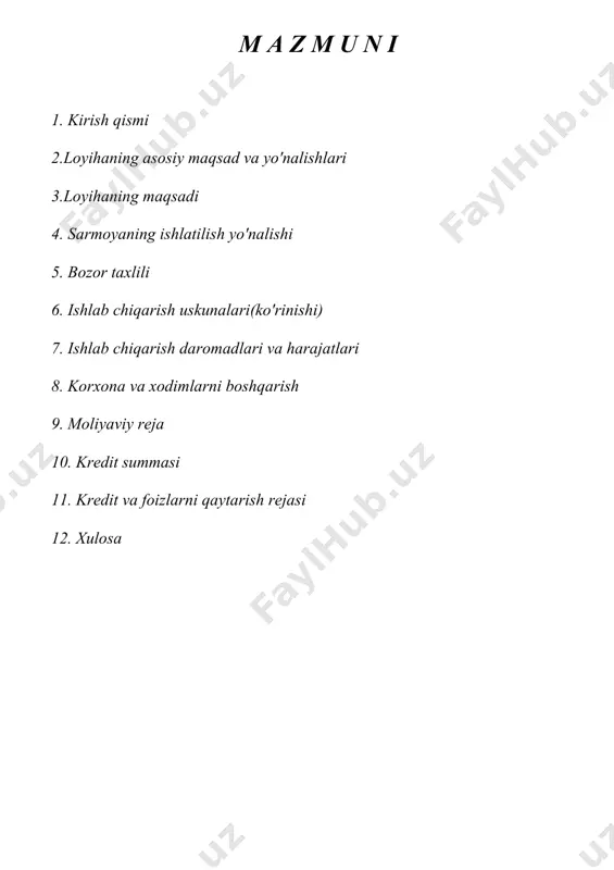 lastik chiqindilar tashkil etashi hech kimga sir emas.chiqindilar uchun mo'ljallangan maxsus joylarda ushbu turdagi materiallarning to'planib qolishi jiddiy ekologik muommolarga olib keladi.shuning uchun ushbu loyihani amalga oshirishdan maqsad atrof-muhitni asragan holda ish olib borish ko'zda tutilgan,hamda kredit va o'z mablag'larimiz hisobidan bir martalik idish ishlab chiqarish stanoklarini sotib olib, plastik mahsulotlarini qayta ishlab chiqarishni tashkillashtirish ham shular jumlasidan. loyiha tashabbuskorining loyihani amalga oshirishdan asosiy maqsad quyidagilar: --mahsulot tannarxining yuqori emasligiga nisbatan kapital harajatlarining tezda o'zini qoplay olishi; --ishlab chiqarishni jadal rijovlantirib, tezda o'z haridorlariga ega bo'lishi; --bozorda o'z o'rniga ega bo'lgandan so'ng, ishlab chiqarishni kengaytirish, hamda yangi loyihalar kiritish; 4.sarmoyaning harajat yo'nalishlari жадвал 1 № сотиб олинадиган мулк ва хом сони сотиб олиш жами ашёлар баҳоси (сўм) суммаси ( сўм) 1 plastik stakan ishlab chiqarish uskunasi 1 125 000 000 125 000 000 2 plastik idish ishlab chiqarish uskunasi 1 168 000 000 168 000 000 jami: 2 293 000 …