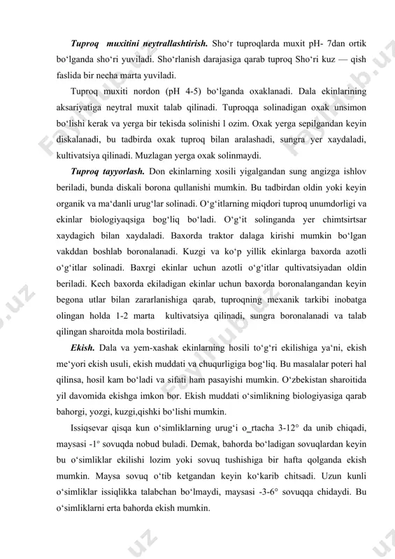 — balandligi, uzunligi, shoxlanishiga e‘tibor bersh kerak. ekish usuliga ekinlarning begona o‘tlar bilan zararlanishi ham ta‘sir qiladi. begona ko‘p bo‘lgan dalalarda ekinlar keng qatorlab ekiladi, qator orasiga ishlov beriladi. xar xil botanik oilaga mansub o‘simliklar qo‘shib ekiladi, bu usulda kupincha yem-xashak ekinlar ekiladi. dehqonchilikda minglab o‘simlik turlari, navlari xar xil maqsadda ekilmoqda. ekish me‘yori bir-biridan juda katta farq qiladi (2 ming dona urugdan 30 mln. donagacha ekiladi). ayrim ekinlarni ekshi me‘yori ekinlar ekish me‘yori, mln. urug/ga boshoqli ekinlar 4-6 0,20-0,25 0,30-0,80 0,03-0,07 4-10 5-8 20-30 makkajuxori.juxori soya kartoshka em-xashak utlar beda tolali zig‘ir ekish me‘yorining miqdori 1000 ta urug‘i vazniga qarab aniqlanadi. ishlab chiqarishda ekish me‘yori miqdor ko‘rinishida beriladi (kg, ts, t/ga). ekish chuqurligi notugri tanlansa, maysa soni kamayadi, shuning uchun urug me‘yoridan oshirib ekiladi, bu notug‘ri. yerga yaxshi ishlov berib, urugi mayda ekinlar 1-2 sm, urugi yiryus ekinlar 4-7 sm chuqurlikda ekiladi. ekish chuqurligi tuproq namligiga, mexanik tarkibiga, urug‘ning …