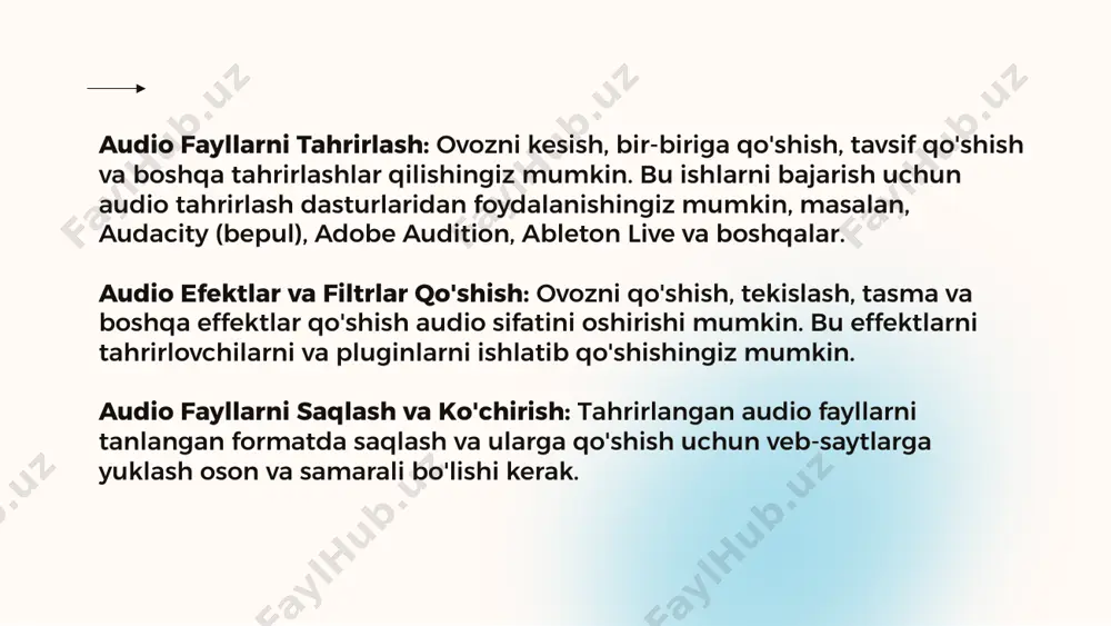 hish, titrlar qo'shish, ranglarni o'zgartirish va boshqa effektlar qo'shish video sifatini oshirishi mumkin. bu effektlarni tahrirlovchilarni va pluginlarni ishlatib qo'shishingiz mumkin. video fayllarni saqlash va ko'chirish: tahrirlangan videolar vaqti kelganda saqlash uchun tanlangan formatda va uning sifatida saqlash va ularga qo'shish uchun veb-saytlarga yuklash oson va samarali bo'lishi kerak. audio va video axborotlar bilan ishlash jarayonida kerakli vositalarni o'rganish va ularga o'rgatilgan foydalanish juda muhimdir. bu foydalanish asosan boshqa dasturlash, videomontaj, musiqa, ma'lumotlar tahlili va hajmli media ishlab chiqarish sohalarida ishlatiladi. video axborotlarga ishlov beruvchi dasturlar ko'p turli maqsadlarga yo'naltirilgan bo'lishi mumkin. quyidagi video tahrirlash va ishlash vositalari boshqa video axborotlarni tahrirlash, qo'shish, optimallashtirish va o'zgartirish uchun yordam beradi: adobe premiere pro: adobe premiere pro professional darajadagi video tahrirlovchi va montaj dasturidir. u videoni kesish, montaj qilish, efektlar qo'shish, tasma tahrirlash va ko'plab boshqa tahrirlovchi amallarni bajarish imkonini beradi. final cut pro: final cut pro macos uchun video tahrirlovchi va …