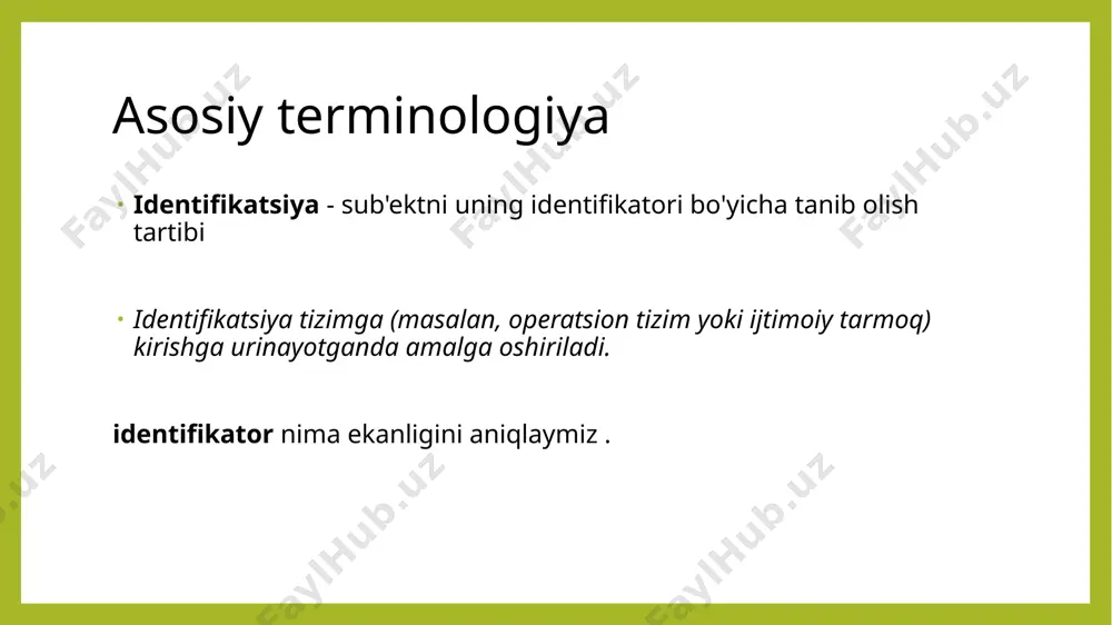 i autentifikatsiyadan o'ta olmasa (uning qo'pol ovozi uni o'tkazib yubordi), ikkinchi urinishda (tomog'i tiklanib, nozik ovozda qo'shiq kuylagandan keyin) u ona echki va bolalari sifatida tasdiqlandi " uni o'z kulbasiga kiritishga ruxsat berdi. ertak baxtli yakunlanganiga qaramay, bolalarga kirish noqonuniy ravishda qo'lga kiritilgan. bo'ri identifikatsiya va autentifikatsiya jarayonlarini aldashga muvaffaq bo'ldi va shu bilan avtorizatsiyadan o'tdi. ko'p faktorli autentifikatsiya ko'p faktorli autentifikatsiya - bu foydalanuvchi ikki xil omil orqali hisob egasi ekanligini yoki o'z hisobiga kirish uchun tizimga kirganligini isbotlashi kerak bo'lgan usul. ko'p faktorli autentifikatsiya turlari orasida eng keng tarqalgani ikki faktorli autentifikatsiya (2fa) bo'lib, foydalanuvchi kirish huquqiga ega bo'lish uchun ikki xil turdagi autentifikatsiya ma'lumotlarini taqdim etishi kerak bo'lgan usul (4-slaydga qarang). ko'p faktorli autentifikatsiya login va parolni kiritish orqali resurslarga kirish bitta faktorli autentifikatsiya hisoblanadi, chunki tizimga kirish uchun faqat bitta turdagi autentifikatsiya ma'lumotlari ishlatiladi - foydalanuvchiga ma'lum parol. autentifikatsiya "omillari" va bosqichma-bosqich o'tishni chalkashtirmaslik kerak . …