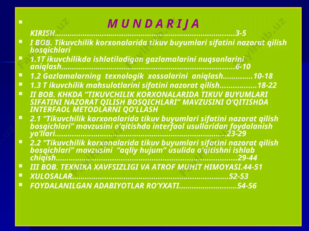liy xom-ashyolardan foydalanib, ishlab chiqarishga tezda tadbiq etiladigan xaridorgir, bozor talablariga javob bera oladigan tayyor mahsulotlarni yaratish yuqori samaradorlik beradi [5]. o‘zining qulay, komfort sharoit yaratishi va jozibaligi ajralib turadigan trikotaj xxii asr kiyimi hisoblanadi. bitiruv malakaviy ish paxta-ipak ustki trikotaj buyumlarini yangi assortimentlarini loyixalash va sohada ishlash uchun yuksak bilimni talab qiladigan, professional kichik usta hamda ishchilar tayyorlashga bag‘ishlangan. bitiruv malakaviy ishining maqsadi: ipak va paxta tolalari aralashmasidan tayyorlangan tikuv buyumlarini qulaylik, tejamkorlik, go‘zallik, ekspluatatsion, gigiyenik va estetik ehtiyoj talablarni qondirgan holda yangi assortimentlari loyihasini ham ishlab chiqish. professional kichik usta va ishchilar tayyorlaydigan kasb-hunar kollejlarida “kiyimlarni loyihalash va modellashtirish” fanidan “ipak va paxta tolalari aralashmasidan tayyorlangan tikuv buyumlarini yangi assortimentini loyihalash” mavzusini o‘qitishda “muammoli vaziyat” metodini qo‘llashni samarali shakl, usullari hamda vositalarini ishlab chiqish maqsad qilib olingan. bitiruv malakaviy ishining vazifalari: -paxta-ipakdan shakl saqlovchi ustki trikotaj buyumlarini ishlab chiqish usulini va kiyimga qo‘yiladigan sifat talablarini o‘rganish va tahlil …