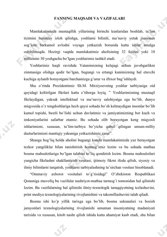 iyotning tezlashuvini, print mediya texnologiyalarining rivojlanishini va takomillashuvini talab qiladi. bosma ishi ko’p yillik tarixga ega bo’lib, bosma uskunalari va bosish jarayonlari texnologiyalarining rivojlanishi umuman insoniyatning madaniyati tarixida va xususan, kitob nashr qilish ishida katta ahamiyat kasb etadi, shu bilan birga ijtimoiy munosabatlarning takomillashuvi, ishlab chiqarish kuchlarining rivojlanishi (xviii–xix asrlardagi ishlab chiqarish inqiloblari va xx asrning o’rtasida boshlangan ilmiy-texnik inqilob) bilan bog’liqdir. so’nggi o’n yillikda matbaa uskunalarini, ishlab chiqarish jarayonlarini nazorat qilishni boshqarishda foydalaniladigan elektron hisoblash texnikalari hozirda bosish jarayonlari uchun xizmat qilmoqda. bundan tashqari, bosma mahsulotlarini tayyorlashning alohida, o’ziga xos nozik va muhim bosqichlarini dasturlash va sozlash, matbaachilikda asosiy va yordamchi sifatida qo’llanadigan materiallarning takomillashuvi uchun polimerlar kimyosi, xususan, qog’oz, bo’yoq, ofset rezina matolari (dekellar), bo’yoq valiklari qoplamlari va boshqa ko’plab sohalarda ilmiy-texnik taraqqiyotda katta yutuqlarga erishmoqda. print mediya bоsma texnologiyalari, аyniqsа eng mukаmmаl elеktrоn tехnikаdаn fоydаlаnilаdigаn bоsish jаrаyonlаrini bоshqаrish uchun uning zаmiridа yotgаn hоdisаlаrning mоhiyatini, yaхshi sifаtli tаsvir …