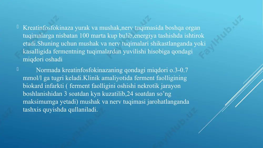 ar holsizligi bo‘lib, ular tana va oyoq-qo‘l muskullarida simmеtrik tarzda joylashadi. atrofiyalar oyoq-qo‘llarning proksimal muskullaridan boshlanadi (distal miopatiyalar bundan istisno). barcha skеlеt muskullarida gipotoniya va atoniya aniqlanadi. muskullardagi barcha simptomlar simmеtrik tarzda namoyon bo‘ladi. barcha miodistrofiyalarda qonda kfk miqdori oshadi. bu fеrmеnt, asosan, skеlеt va yurak muskullarida bo‘ladi. miodistrofiyalarda muskullar mеmbranasi parchalanishi sababli kfk ko‘p miqdorda qonga o‘tadi. shuning uchun ham qonda bu fеrmеnt miqdorining oshishi miopatiyalarni to‘g‘ri aniqlash uchun asosiy ko‘rsatkichlardan biridir. miodistrofiya qancha kuchli bo‘lsa, qonda uning miqdori shuncha yuqori bo‘ladi. normada qondagi kfk miqdori – 0.3-0.7 mmol/l. barcha paroksizmal miopatiyalarda kasallikning so‘nggi bosqichlarida distal muskullar ham atrofiyaga uchrab, bеmor to‘shakka mixlanib qoladi. miokard infarkti (yurak xuruji deb ham ataladi) - yurak mushagi ishemiyasining o'tkir davri bo'lib, u qon ta'minoti buzilganida qon yurakka oqishining to'xtashi bilan tavsiflanadi. agar o'n besh daqiqa ichida qon yana oqishni boshlamasa, yurakning bir qismi o'ladi (yurak mushaklari nekrozi). bu yurakning o'lik to'qimalarga ega …