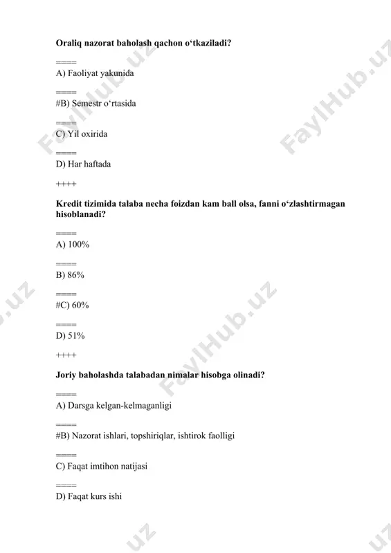 n d) faoliyatlar rejasini tuzish uchun to‘g‘ri javob: b 2. kreditlar nimalarni ifodalaydi? a) baholarni b) sarflangan vaqt miqdorini c) o'qituvchilar sonini d) auditoriya sonini to‘g‘ri javob: b 3. ects tizimi qaysi hududda keng tarqalgan? a) amerika b) afrika c) yevropa d) avstraliya to‘g‘ri javob: c 4. yevropada 1 kredit necha soat o‘quv faoliyatiga teng? a) 5-10 soat b) 25-30 soat c) 35-40 soat d) 45-50 soat to‘g‘ri javob: b 5. kredit tizimi qanday imkoniyat yaratadi? a) kurslarni qisqartirish b) o'qituvchi sonini oshirish c) shaxsiy ta’lim rejalarini tuzish d) faqat diplom olish to‘g‘ri javob: c 6. aqshda kredit tizimi qanday o'lchanadi? a) fanning davomiyligi bilan b) o'qituvchining darajasi bilan c) talabaning tajribasi bilan d) baholarni yig‘ish bilan to‘g‘ri javob: d 7. yaponiyada kredit tizimi qanday ishlaydi? a) umuman kredit tizimi mavjud emas b) kreditlar kurslar va seminarlar orqali yig‘iladi c) faqat nazariy bilim bilan belgilanadi d) faqat amaliyot asosida beriladi …