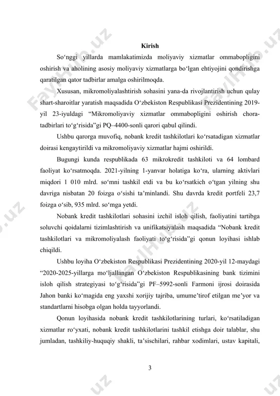 respublikamizda yagona moliya tizimining toʻldiruvchisi sifatida nobank kredit tashkilotlari rivojiga xizmat qiladi. asosiy qism 1. nobank kredit tashkilotlarining zarurligi va iqtisodiyotdagi o‘rni bugungi kunda iqtisodiyotning barcha sohalaridagi kabi moliyaviy xizmatlar bozorida ham raqobat sharoitlarini yahshilash, moliyaviy xizmatlarni bozor tamoyillari asosida amalga oshirishni kengaytirish, moliyaviy xizmatlarning samarali infratuzilmasini yaratish va faoliyatini avtomatlashtirish muhim ahamiyat kasb etmoqda. so‘nggi besh yil davomida mikrokredit tashkilotlari soni 44 taga, lombardlar soni esa 31 taga ortib, bugungi kunga kelib 74 ta mikrokredit tashkilotlari va 77 ta lombardlar aholi va tadbirkorlarga mikromoliyaviy xizmatlar ko‘rsatib kelmoqda. hududlar qirqimida nobank kredit tashkilotlari toshkent shahrida 2 barobarga (jami soni 66 ta), farg‘ona va buxoro viloyatlarida 3 barobarga, (mos ravishda 20 ta va 14 ta) hamda toshkent viloyatida 1,5 barobarga (soni 15 ta) o‘sgan. 2021-yilning 1-iyulidan buyon nobank kredit tashkilotlari bozoriga yangi ishtirokchilarning – 8 ta mikrokredit tashkilotini hamda ularning 25 ta filial va chakana xizmatlar markazlarini, 10 ta lombardni kirib …