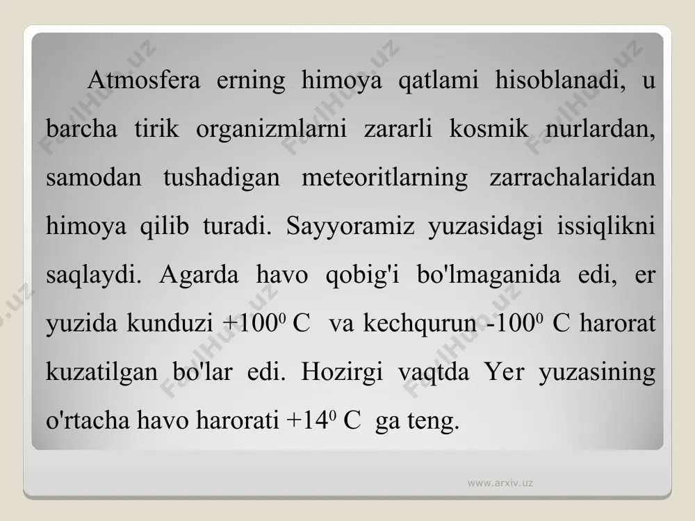 lar shunchalik kam bo'ladi. www.arxiv.uz www.arxiv.uz ma'lumotlarga qaraganda, 1000 mvt kuchga ega bo'lgan issiqlik elektr stansiyalari yil davomida 3800 tonna turli tarkibli zaharli chiqindilarni atmosferaga chiqarib tashlaydi. shuningdek 1 tonna toshko'mir 83,4 kg oltingurgut oksidini, 44,1 kg azot oksidini, 374 kg changni,1,1 kg is gazini, 0,4 kg uglevodorodlarni va 0,01 kg aldegidlarni ajratadi. ma'lumki, issiqlik quvvatini olish uchun juda ko'p miqdorda toshko'mir yoqiladi, buning natijasida zaharli so2 gazi ajralib chiqadi. www.arxiv.uz www.arxiv.uz toshko'mir o'zining tarkibida tabiiy holdagi har-xil oltingurgut birikmalarini saqlaydi. jumladan, kuznesk ko'miri tarkibida 0,4%, donesk ko'mirida 1,7-3,7%, kizel ko'mirida 5,1% oltingurgut unsuri bor. bu ko'mirlar qaerda va qancha miqdorda yoqilishidan qat'iy nazar, atmosfera havosini sul'fit angidridi bilan zararlaydi. masalan, 1 tonna qo'rg'oshin eritilsa- 8,8 tonna rux eritilsa- 0,88 tonna sulfit angidridi ajralib chiqadi. www.arxiv.uz www.arxiv.uz issiqlik elektr stansiyasining ko'mir yonishidan ajraladigan oltingurgut oksidi miqdori www.arxiv.uz www.arxiv.uz www.arxiv.uz ob'ektlar tartib raqami 1 soatdan sarflanadigan yoqilg'i (t/soat) oltingugurt oksidi chiqindisi …