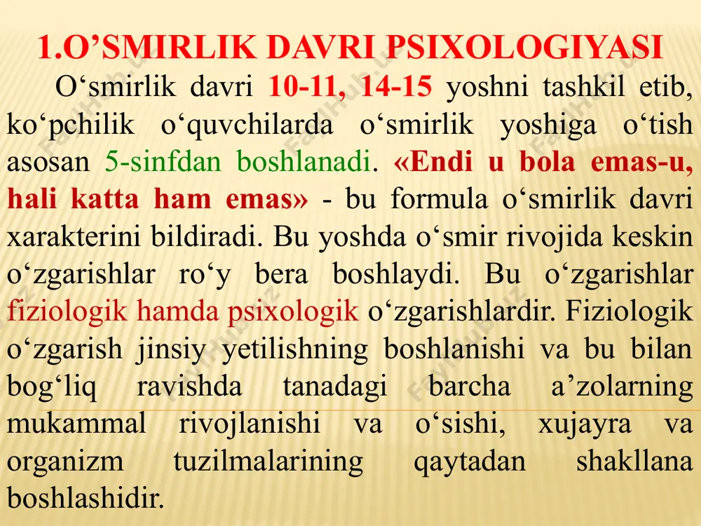 di. bu holat ularni ichdan asbiylashishlariga sabab bo‘ladi va o‘smirlik davri krizisi deyiladi. o‘smirlik davrida yetakchi faoliyat – bu o‘qish, muloqot hamda mehnat faoliyatidir. o‘smirlik davri muloqotining asosiy vazifasi bu do‘stlik, o‘rtoqlikdagi elementar normalarni aniqlash va egallashdir. o‘smirlar muloqotining asosiy xususiyati shundan iboratki, u to‘la o‘rtoqlik kodeksiga bo‘ysinadi. o‘smirlarning ota-onasi, kattalar bilan qiladigan muloqoti asosan ularning katta bo‘lganlik hissi asosida tuzilgan bo‘ladi. ular kattalar tomonidan qilinadigan haq–huquqlarini cheklashlariga, qarshilik va e’tirozlariga qattiq qayg‘uradilar. lekin shunga qaramasdan u muloqotda kattalarning qo‘llab-quvvatlashlariga ehtiyoj sezadilar. birgalikdagi faoliyat o‘smirga kattalarni yaxshiroq tushunishlari uchun yordam beradi. o‘smir o‘zida bo‘layotgan o‘zgarishlar, uni tashvishga solayotgan muammolar haqida kattalar bilan bo‘lishishga katta ehtiyoj sezadi, lekin buni hech qachon birinchi bo‘lib o‘zi boshlamaydi. o‘smir o‘ziga nisbatan yosh bolalardek qilinadigan muomala – munosabatiga qattiq norozilik bildiradi. o‘smirlar muloqoti nihoyasida o‘zgaruvchanligi bilan xarakterlanadi. o‘smirlik davriga kimningdir xatti-harakatini imitatsiya qilish xosdir. ko‘pincha ular o‘zlariga tanish va yoqadigan kattalarning xatti-harakatlarini imitatsiya, taqlid qiladilar. …