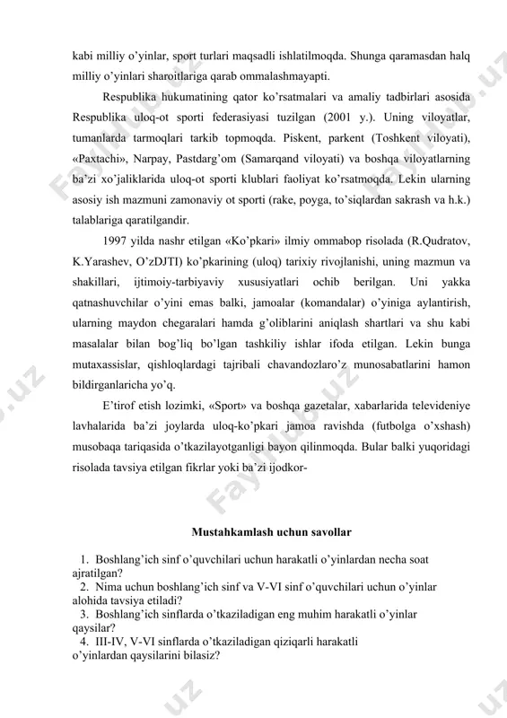 tadbirlari asosida respublika uloq-ot sporti federasiyasi tuzilgan (2001 y.). uning viloyatlar, tumanlarda tarmoqlari tarkib topmoqda. piskent, parkent (toshkent viloyati), «paxtachi», narpay, pastdarg’om (samarqand viloyati) va boshqa viloyatlarning ba’zi xo’jaliklarida uloq-ot sporti klublari faoliyat ko’rsatmoqda. lekin ularning asosiy ish mazmuni zamonaviy ot sporti (rake, poyga, to’siqlardan sakrash va h.k.) talablariga qaratilgandir. 1997 yilda nashr etilgan «ko’pkari» ilmiy ommabop risolada (r.qudratov, k.yarashev, o’zdjti) ko’pkarining (uloq) tarixiy rivojlanishi, uning mazmun va shakillari, ijtimoiy-tarbiyaviy xususiyatlari ochib berilgan. uni yakka qatnashuvchilar o’yini emas balki, jamoalar (komandalar) o’yiniga aylantirish, ularning maydon chegaralari hamda g’oliblarini aniqlash shartlari va shu kabi masalalar bilan bog’liq bo’lgan tashkiliy ishlar ifoda etilgan. lekin bunga mutaxassislar, qishloqlardagi tajribali chavandozlaro’z munosabatlarini hamon bildirganlaricha yo’q. e’tirof etish lozimki, «sport» va boshqa gazetalar, xabarlarida televideniye lavhalarida ba’zi joylarda uloq-ko’pkari jamoa ravishda (futbolga o’xshash) musobaqa tariqasida o’tkazilayotganligi bayon qilinmoqda. bular balki yuqoridagi risolada tavsiya etilgan fikrlar yoki ba’zi ijodkor- mustahkamlash uchun savollar 1. boshlang’ich sinf o’quvchilari …