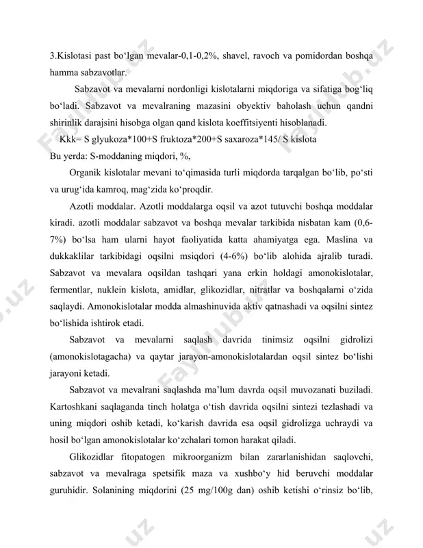 inil kislotasi kiradi, shuning uchun achchiq bodomni iste’mol qilish zararlidir. xalq tabobatida achchiq bodom nafas qisishi kasalligini davolashda ishlatiladi. amigdalin glikozidi achchiq o‘rik danagida, shaftoli va olcha danagida ham bo‘ladi. sitrusli mevalar glikozidi-gesperidin va naringin flavonoidlar guruhiga mansub bo‘lib, r-vitamin aktivligiga ega. uni oksidlanishdan qand eritmasi amonokislotalar, oqsil, olitin gugurt birikmalari, kislotalar saqlaydi. r guruh vitaminlar. r vitaminlari katta bo‘lib, asosiylari rutin, kversitin, kversetrin hamda sitruslarni flavansidlari naringin, geperidindir. r vitamin aktivligini egalllagan 150 ga yaqin modda aniqlangan. insonning bir kunlik talabi 25 mg bo‘lib, uni yangi sabzavot, meva va choy hisobiga qondiriladi. sabzavot va mevalarni saqlaganda r vitamin aktivligi parchalanish va oksidlanish hisobiga kamayadi. sabzavot va mevalarni qayta ishlaganda r vitaminni yo‘qolishini past haroratda (70-850 s) termik ishlov berib, oksidlovchi fermentlarni ishini to‘xtatib yoki sulfitatsiya qilib kamaytirish mumkin. 2 ildizmevali o‘simliklar. tayanch iboralar. sabzi. sabzi provitamin a, karotin, mineral moddalarni manbai hisoblanadi. sabzi yurak-qon tomir sistemasiga yaxshi ta’sir qiladi, …