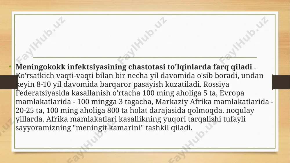 ariga joylashadi va ularning tomir devoriga shikast etkazadi, bu esa qonning to'qimalarga shoshilishiga olib keladi. shunday qilib, terida gemorragik toshma hosil bo'ladi, bu mahalliy qon ketishlardir. qonda ko'p miqdorda meningokokk toksini periferiyadagi paralitik vazodilatatsiyaga va qon bosimining keskin pasayishiga olib keladi. qon oqimining qayta taqsimlanishi sodir bo'ladi: qon kichik tomirlarda to'planadi va muhim organlarga - miya, yurak, jigarga etarli miqdorda oqmaydi. yuqumli-toksik shok rivojlanadi - o'limga olib keladigan holat. e’tiboringiz uchun rahmat image5.png image6.png image7.jpg image8.jpg image9.jpeg image3.png image4.png /docprops/thumbnail.jpeg