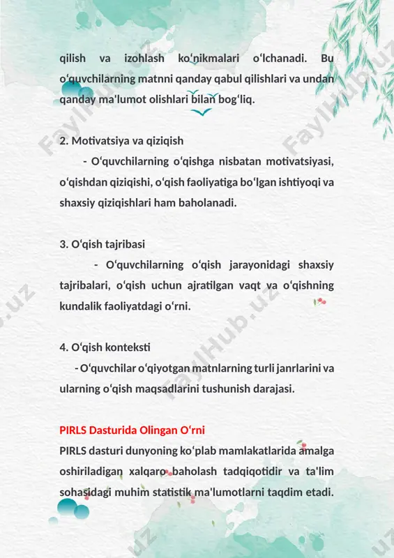 adi. 2. ta'lim tizimlarini baholash - o‘qish savodxonligi bo‘yicha olingan natijalar ta'lim tizimlarining samaradorligini baholashda muhim indikator bo‘lib xizmat qiladi. bu natijalar o‘quv dasturlarining samaradorligi, o‘qitish uslublari va o‘quvchilarga taqdim etilayotgan resurslar haqida xulosa chiqarish imkoniyatini yaratadi. 3. o‘qish savodxonligining rivojlanishi - pirls o‘quvchilarning o‘qish savodxonligini yilma-yil o‘lchab, o‘qish malakalarining rivojlanishini va ta'lim tizimidagi o‘zgarishlarni kuzatishga yordam beradi. 4. strategik qarorlar qabul qilish - pirls ma'lumotlari hukumatlarga, ta'lim idoralariga va boshqa ta'lim muassasalariga o‘quvchilarning o‘qish savodxonligini yaxshilashga qaratilgan strategiyalarni ishlab chiqishda yordam beradi. bu, shuningdek, ta'lim siyosatini shakllantirishda muhim vosita bo‘ladi. pirls va pirls dasturi o‘rtasidagi farqlar - pirls — bu o‘quvchilarning o‘qish va tushunish ko‘nikmalarini o‘lchash uchun amalga oshiriladigan bir marotabalik xalqaro tadqiqotdir. - pirls dasturi— bu har to‘rt yilda o‘tkaziladigan baholash dasturi bo‘lib, u o‘quvchilarning o‘qish malakalarini yanada chuqurroq o‘rganishga imkon beradi. ushbu dastur mamlakatlararo taqqoslashni amalga oshiradi va mamlakatlar ta'lim tizimlarini tahlil qilishda muhim resurs bo‘ladi.pirls dasturi …
