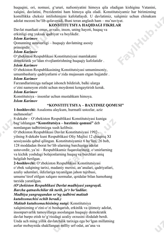 da boshqa ish qiladi, aldov nayrang, makr-hiyla, xushomad, pora aralashtirish va shu kabi boshqa talay illatlar mahorat belgisi sanalib qoladi, qing‘ir yo‘llar bilan to‘plangan boyliklarini ko‘zko‘z qilib halol pokiza mehnati ketidan qonuniy daromad topayotganlardan ustun ekanligi bilan maqtanadigan toifa paydo bo‘ladi, madaniy-ma’naviy hayot qonunlari o‘rnini amalda jinoiy dunyo “qonunlari” egallay boradi. bu esa ko‘plarning qo‘lini ishdan, ko‘nglini yashashdan sovutadi, samimiyat yo‘qoladi. ma’naviyat imoratiga darz ketadi. xullas, konstitutsiya va qonunlarga amal qilib yashash uchun har bir fuqaro yuksak ma’naviy darajaga ko‘tarilishi kerak. bu mamlakatning kelajagi uchun ham zarur. qonunlarni bilmaslik ham – ma’rifatsizlik. xalq sifatida bu jihatdan ham hali ko‘p baland pog‘onalarga ko‘tarilishimiz kerak. qonunlarni bilmaslik ikki tomondan ziyon. birinchidan,qonundan bexabar kishi uni buzishi oson. ikkichidan, ba’zi kimsalar boshqalarning qonunni bilmasligidan o‘z qitmir manfaati yo‘lida rosa faydalanadi. har kimning huquq va erkinliklari, burch va majburiyatlarini yaxshi bilishiga erishish ham ma’naviyat, vaqt, ma’rifat ravnaqini ta’minlash, degan gap. qonun inson tabiatidagi nafsni tartibga …