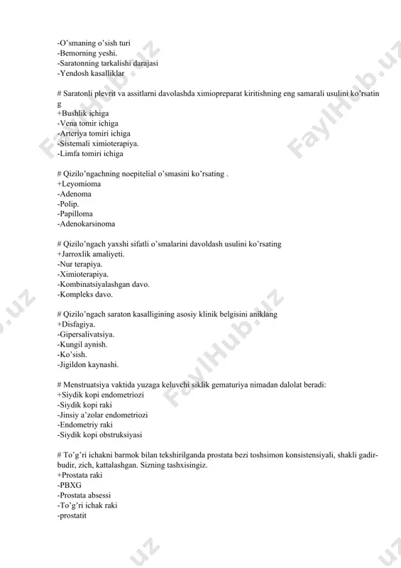 atiladi : +siydik qopini korin pardasi yirtilishi -shenleyn genox kasalligi -sistit -glomerulonefrit -siydik kopi raki # markaziy o’pka rakida asosiy diagnostika usuli ? +bronxoskopiya -kt -rentgenografiya -uzd -transtorakal biopsiya # periferik o’pka rakida asosiy diagnostika usuli +transtorakal biopsiya -bronxoskopiya -uzd -rentgenografiya -kt # kon tuflash kuzatiladi (o.ch) +javoblar ichida to’g’risi yo’q -o’pka raki -o’pka abssessi -bronxoektatik kasallik -gemorragik vaskulit # oshqozon rakini uzok organlarga metastazini ko’rsating (o.ch) +suyakka mts -virxov mts -krukenberg mts -shnitsler mts -djekson mts # prostata rakida tekshiruv usullarini ko’rsating (o.ch) +rentgenologik tekshiruv -prostata spetsifik antigenini aniklash -to’g’ri ichakni barmok bilan tekshirish -transrektal sonografiya -siydik kopi orkali sonografiya # kukrak bezi rakida qanday palliativ operatsiya o’tkaziladi +ablyatsiya -xolsted buyicha operatsiya -sektoral rezeksiya -bloxin buyicha operatsiya - peyti buyicha operatsiya # limfogranulematozni gistologik formalarini aniklang (o.ch.) + limforetikulyar - limfogisteotsitar - nodulyar skleroz -aralash xujayrali - limfatik ozish # o’tkir siydik tutilishida birinchi yordam . +epitsistostomiya -transuretral rezeksiya …