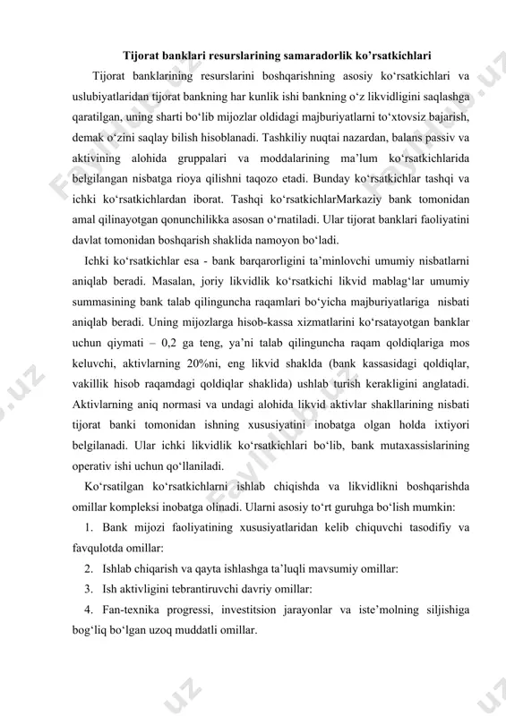 siyatlaridan kelib chiquvchi tasodifiy va favqulotda omillar: 2. ishlab chiqarish va qayta ishlashga ta’luqli mavsumiy omillar: 3. ish aktivligini tebrantiruvchi davriy omillar: 4. fan-texnika progressi, investitsion jarayonlar va iste’molning siljishiga bog‘liq bo‘lgan uzoq muddatli omillar. mazkur ko‘rsatkichlar bankning bevosita ishi hisoblanmaydi va tijorat banki faoliyatining yo‘nalishini ta’minlovchi “cheklashlar” rolini bajaradi. tijorat banklar uchun ham, boshqa ihtiyoriy muassasalar kabi, likvidlikning umumiy asosi bo‘lib, foydalilikni ta’minlash hisoblanadi. shuning bilan birga, tijorat banklarining mijozlar mablag‘larini ishlatish hususiyati o‘ziga xos likvidlik ko‘rsatkichlarini ishlatishga undaydi. tijorat bankining umumiy va o‘ziga xos likvidligi bir-birini to‘ldirsada, ba’zan ularning yo‘nalishlari qarama-qarshi bo‘ladi. maksimal o‘ziga xos likvidlikka, boshqa aktivlarga nisbatan kassa va korrespondent raqamlar maksimal bo‘lganda erishiladi, ammo aynan shu holatda bank foydasi minimal bo‘ladi. foydaning maksimallashuvi mablag‘larni saqlash emas, balki aktiv operatsiyalarga ishlatishni talab qiladi. o‘z navbatida, kassa va korrespondent raqamdagi qoldiqni minimallashtirishga olib kelgani uchun mijozlar oldidagi majburiyatga havf-hatar tug‘diradi. demak, bank likvidlikligini boshqarish umumiy majburiyat va …