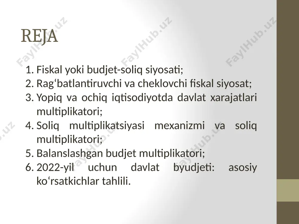 . yopiq va ochiq iqtisodiyotda davlat xarajatlari multiplikatori davlat xarajatlari o‘zgarishining multiplikativ samarasi yopiq va ochiq iqtisodiyotda davlat xarajatlari multiplikatori soliqqa tortish hisobga olinmaganda yopiq iqtisodiyot uchun davlat xarajatlari multiplikatori va ishlab chiqarishning muvozanatli hajmini quyidagi tenglamalar sistemasini yechish orqali topish mumkin: 1/(1-b) – yopiq iqtisodiyotda soliqqa tortish hisobga olinmagan vaziyatda xarajatlar multiplikatori; (a+i+g) – avtonom xarajatlar; b=mpc – istemolga chegaralangan moyillik bo‘lib multiplikator miqdorini belgilovchi asosiy omildir. yopiq va ochiq iqtisodiyotda davlat xarajatlari multiplikatori soliqqa tortish hisobga olinganda iste’mol funksiyasi o‘zgaradi va c=a+b(1-t)y ko‘rinishni oladi. bu tenglamani asosiy makroiqtisodiy ayniyatga qo‘yib yechsak, quyidagi natijani olamiz: 1/1-b(1-t) – yopiq iqtisodiyotda xarajatlar multiplikatori; t – chegaraviy soliq stavkasi; t =δy/δt yopiq va ochiq iqtisodiyotda davlat xarajatlari multiplikatori ochiq iqtisodiyotda davlat xarajatlari multiplikator va muvozanatli ishlab chiqarish hajmi quyidagi tenglamalar sistemasini yechib topiladi: 1 / 1(1-b(1-t)+m’ – ochiq iqtisodiyotda davlat xarajatlar multiplikatori. soliq multiplikatsiyasi mexanizmi va soliq multiplikatori soliq multiplikatsiya samarasi davlat …