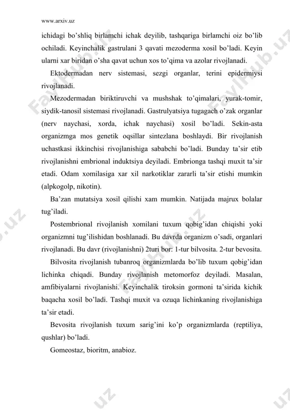 soldir. masalan, ko’p xayvonlarda mavsumiy (kunni-uzun kaltaligiga qarab) ko’payadilar. o’simliklarning ko’payishi xam mavsumiy xaraktеrga ega. ayrim xayvonlarni qishgi uyquga kеtishi xam. ayrim organizmlarda bioritm kеcha va kunduzi ayrim vaqtlarda bir-biridan farq qiladi. bunda fiziologik o’zgarishlar ro’y bеradi. masalan, odamni yurak urishi va qon bosimini o’zgarishi. odamda mavsumiy bioritmlar ko’proq ayrim surunkali odamlarda kuzatiladi. maslan, qon tomirlari kasalligi baxor va kuz oylarida oirlashadi. anabiozda ayrim organizmlar tashqi muxitga moslanish uchun modda almashinuvi juda sеkinlashadi yoki to’xtaydi. masalan, mikroorganizmlarning sporasi, o’simlik urui va x.k. adabiyotlar: 1. grin. n., staut. u., tеylor. d., «biologiya tom 2» moskva «mir» 1990 god. str 108-187. 2. thraqulov. е.x., ofurov. a.t., «umumiy biologiya» toshkеnt 1995 yil. 3. «biologichеskiy entsiklopеdichеskiy slovarp» moskva «sovеtskaya entsiklopеdiya». 1986 god.