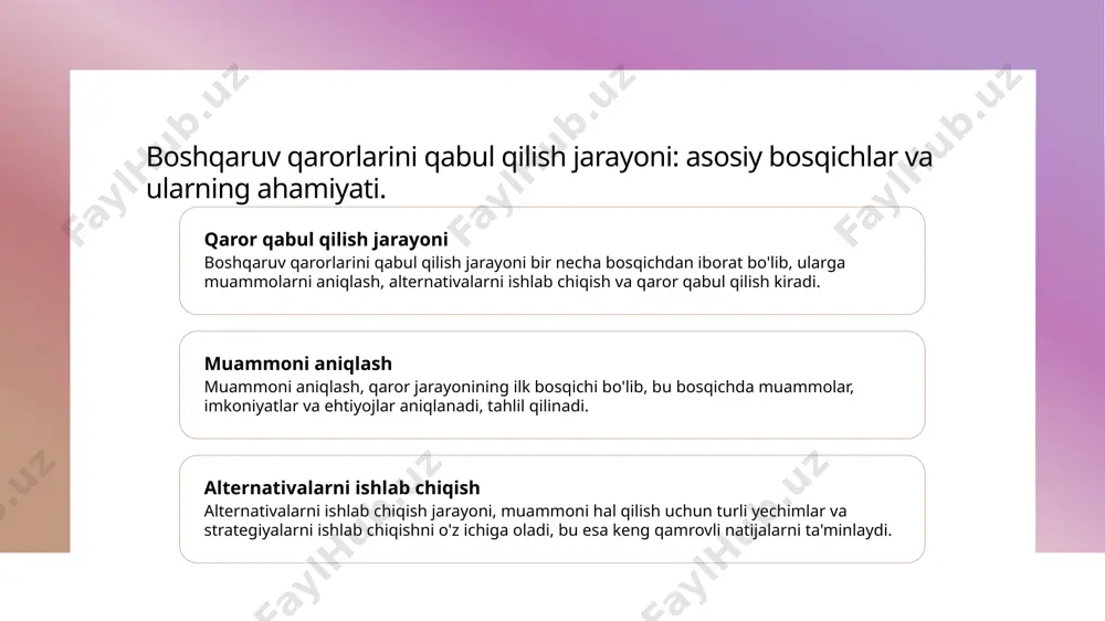 holati, qarorlarni shakllantiradi. 3 madaniy xususiyatlar boshqaruv qarorlarida madaniy xususiyatlarni hisobga olish, jamoa va individual xulq-atvorni yaxshilaydi. bu, qaror qabul qilish jarayonida muvozanatni saqlashga yordam beradi. mahalliy madaniyat va boshqaruv qarorlarini qabul qilish jarayoni. 1 mahalliy qadriyatlar mahalliy qadriyatlar boshqaruv qarorlariga ta'sir qiladi, chunki ular tashkilot ichida xodimlarning qaror qabul qilish jarayonida muhim rol o'ynaydi. 2 jamoa dinamikasi mahalliy madaniyat jamoa dinamikasini belgilaydi. xususan, jamoaning o'zaro aloqalari va muloqoti qarorlarni qabul qilishda muhim ahamiyatga ega. 3 madaniyat va innovatsiya madaniyat boshqaruv qarorlarida innovatsion yondashuvlarni rivojlantirishga yordam beradi, bu esa raqobatbardosh ustunlik yaratishda muhimdir. madaniyatlararo farqlar: boshqaruv qarorlarida inobatga olish. 1 madaniyatlararo farqlar madaniyatlararo farqlar, boshqaruv qarorlarini qabul qilish jarayonida muhim rol o'ynaydi, chunki har bir madaniyat o'ziga xos qadriyatlar va urf-odatlarga ega. 2 qaror qabul qilishda ta'sir boshqaruv qarorlarida madaniyatlararo farqlarni hisobga olish, jamoaning motivatsiyasini oshirish va qarorlar samaradorligini yaxshilashga yordam beradi. 3 mahalliy kontekstni tushunish mahalliy madaniyatni tushunish, boshqaruv …