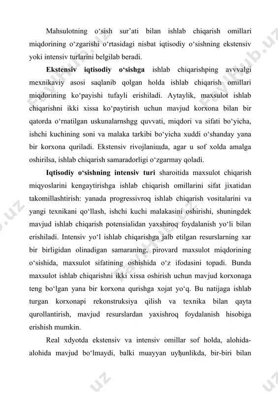 h qiyin). klimat ko‘rsatkichlar keng qo‘llaniladi, ammo xar do​im xam uni inflyasiyadan to‘liq «tozalash» mumkin bo‘lavermaydi. shu sababli iqtisodiy o‘sish sur’atlari qiyosiy yoki doimiy narxlarda hisoblanadi. makroiqtisodiy darajada iqtisodiy o‘sishpish asosii qiymat ko‘rsatkichlari quyidagalar hisoblanadi: · yamm (smm) yoki milliy daromad xajmining real ko‘payishi; · yamm (smm) yoki milliy daromadning axoli jon bosh hisobiga o‘sishi; · yamm (smm) yoki milliy daromadning iqtisodiy re​surs harajatlari birligi hisobiga ortishi; iqtisodiy o‘sishni aniqlashda xar uchala ko‘rsatkichdan ham foydalanish mumkin, lekin ularning ahamiyati turlicha. masalan: agar diqqat markazida iqtisodiy potensial muammosi turka, birinchi ko‘rsatkichdan aniqlash ko‘proq mos keladi. aloxida mamlakat va regionlardagi axolini turmush darajasini taqqoslashda, ko‘proq ikkinchi ko‘rsatkichdan foydalaniladi. iqtisodiy samaradorlikni baxolashda uchinchi ko‘rsatkichga ustivorlik beriladi. odatda iqtisodiy o‘sish % (foiz) da o‘sishniig yillik sur’ati sifatida aniqlanadi. masalan, agar o‘tgan yili real yamm 60 mlr. so‘mni va joriy yilda 70 mlr. so‘mni tashkil qilgan bo‘lsa, o‘sish sur’atini joriy yildagi real yamm xajmiga bo‘lish …