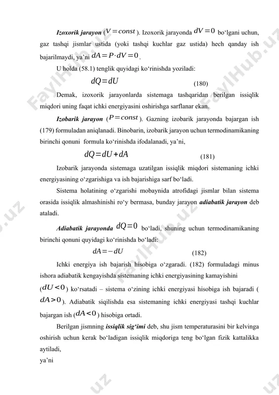 dalash mumkin: (184) hajm o‘zgarmas bo‘lanligi uchun va munosabatni bir mol ideal gaz uchun quyidagi ko‘rinishda yozish mumkin: bundan, (185) (184) formuladan ko‘rinadiki, - bir mol ideal gazning hajm o‘zgarmas bo‘lgan sharoitdagi issiqlik sig‘imi gaz ichki energiyasi ifodasidan harorat bo‘yicha olingan birinchi tartibli hosilasiga teng ekan. bir mol ideal gazning ichki energiyasi ga teng ekanligini hisobga olib, bu ifodani harorat bo‘yicha differensiallash orqali ni aniqlash mumkin: (186) demak, ideal gazning hajm o‘zgarmas bo‘lgan sharoitda molyar issiqlik sig‘imi gaz molekulalarining erkinlik darajasi orqali aniqlanib, gaz holatini ifodalovchi parametrlarga bog‘liq emas. bosim o‘zgarmas bo‘lgan sharoitda gazga berilayotgan issiqliq miqdori gazning ichki energiyasini oshirishga va tashqi kuchlarga qarshi ish bajarishga sarflanadi. termodinamikaning birinchi qonunining ifodasidan foydalanib bosim o‘zgarmas bo‘lgan sharoitda molyar issiqlik sig‘imini quyidagicha yozish mumkin: (187) bu yerda, - entalpiya. bosim o‘zgarmas bo‘lgan sharoitda gazning molyar issiqlik sig‘imi entalpiyadan harorat bo‘yicha olingan hosilasiga teng ekan. (188) bir mol ideal gaz holat tenglamasi …