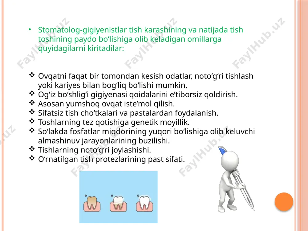 mlakatlarda istiqomat qiluvchi aholida kariyes kasalligininig turli xil darajada uchrashi kuzatilgan. tish kariyesi mustaqil kasallik hisoblanmaydi, bu patologiya organizmda umumiy oʻzgarishlar natijasida kelib chiqadi. masalan, mahalliy va umumiy immunitetning pasayishi, oshqozon-ichak tizimidagi oʻzgarishlar kariyes shakllanishida muhim rol oʻynaydi. ogʻiz boʻshligʻi shaxsiy gigiyenasiga amal qilinmagan holatda tish emalida qoplama hosil boʻladi va bu qoplama kariyesga olib keladi. tish blyashkalarida yashovchi bakteriyalar sut kislotasi ishlab chiqaradi va bu mahsulot tish emal demineralizatsiyasiga sabab boʻladi. tish emali demineralizatsiyasi – bu kariyes boshlanishining birinchi bosqichi hisoblanadi. streptokokklar tomonidan saxaroza dekstran deb nomlanuvchi polisaxaridaga aylanadi, dekstran esa tish emali yemirilishini tezlashtiradi. aynan mana shuning uchun koʻp shirinlik isteʼmol qiluvchi insonlarda kariyes tezroq rivojlanadi. ishlab chiqarish sanoati rivojlangan mintaqalar, ekologik sharoiti salbiy boʻlgan hududlar, ichimlik suvining ifloslanganligi inson organizmi umumiy himoya funksiyasi pasayishiga sabab boʻladi. bunday sharoitda yashovchi insonlarda ham kariyes uchrash chastotasi yuqori. tish kariyesi klinik belgilari 1.karioz dogʻ bosqichida tish emal qavati rangi xiralashadi. …