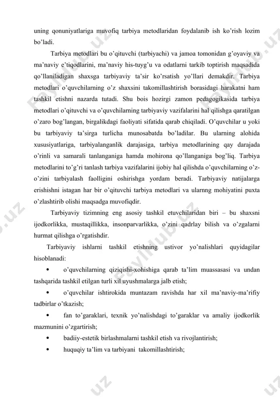 alishlari quyidagilar hisoblanadi: · o’quvchilarning qiziqishi-xohishiga qarab ta’lim muassasasi va undan tashqarida tashkil etilgan turli xil uyushmalarga jalb etish; · o’quvchilar ishtirokida muntazam ravishda har xil ma’naviy-ma’rifiy tadbirlar o’tkazish; · fan to’garaklari, texnik yo’nalishdagi to’garaklar va amaliy ijodkorlik mazmunini o’zgartirish; · badiiy-estetik birlashmalarni tashkil etish va rivojlantirish; · huquqiy ta’lim va tarbiyani takomillashtirish; · ommaviy sport, harbiy vatanparvarlik ishlarini rivojlantirish, sog’lom turmush tarzi malakasini shakllantirish; · ta’lim muassasasi faoliyatini demokratlashtirish asosi sifatida o’z-o’zini boshqarishni rivojlantirish. bizning nazarimizda ta’lim muassasalarida xilma-xil tadbirlarni tashkil etish (usullari ham) va o’tkazishning umumiy tamoyillari quyidagilar hisoblanadi: ma’naviy-axloqiy yo’nalganlik; umummadaniy mazmun; mantiqiy yakunlanganlik, tadbirlarning yaxlitligi va g’oyaga bo’ysunganligi; hissiy rang-baranglik; bilish va yaratuvchilik asoslarining birligi; ishtirokchilarning umumiy madaniyatini oshirishni ta’minlash; tadbirda ishtirok etishning ommaviyligi, ya’ni unga ta’lim muassasasining barcha o’quvchi-yoshlarni jalb etishga harakat qilishi lozim. yuqoridagi fikrlardan kelib chiqqan qolda kurs ish mavzusini «sinfdan tashqari tarbiyaviy ishlarning mazmuni, shakli va metodlari» - deb belgilandi. kurs ishining …