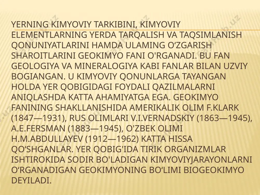 ladi. kimyoviy elementlarning biologik rolini o‘rganish, ularning biologik faol moddalar— fermentlar, gormonlar, vitaminlar bilan ta'sirlanishini aniqlash — yangi dori moddalari yaratish imkoniyatlarini kengaytiradi etiboringiz uchun rahmat image3.wmf image4.wmf image5.wmf image6.wmf image7.gif image8.gif image9.png /docprops/thumbnail.jpeg