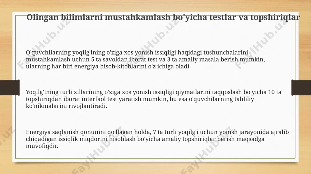 ‘lchash kerak, chunki aniq o‘lchovlar natijalar ishonchliligini ta’minlaydi. tajriba natijalarini qayta ishlash va hisoblash tajriba natijalarini o'rtacha qiymati 3 marta o'lchangan ma'lumotlar asosida hisoblab, standart og'ishni aniqlash orqali ishonchlilik darajasini oshirish mumkin. olingan natijalarni grafik ko'rinishda ifodalash va regressiya tahlili yordamida korrelyatsion bog'lanishni 0,95 dan yuqori koeffitsient bilan tasdiqlash zarur. har bir yoqilg'ining yonish issiqligi uchun olingan kalorimetrik ma'lumotlarni 10% gacha bo'lgan xatolik chegarasi bilan hisoblash kerak. grafiklar va jadvallarni tuzish grafiklarda yoqilgʻining 1 grammiga toʻgʻri keladigan yonish issiqligi (kj/g) qiymatlarini turli xil yoqilgʻilar (masalan, 3 ta turli xil koʻmir, 2 ta neft mahsuloti) uchun ustun diagrammasi koʻrinishida taqdim etish mumkin. jadvallarda esa turli xil yoqilgʻilarning kimyoviy formulasi, zichligi (g/sm³), yonish issiqligi (kj/mol) va boshqa muhim parametrlarni aniq koʻrsatish samarali boʻladi, bu esa 5 ta yoqilgʻini taqqoslash imkonini beradi. yoqilgʻining haroratiga bogʻliq holda yonish issiqligi oʻzgarishini koʻrsatuvchi grafikda, 20°c dan 100°c gacha boʻlgan harorat oraligʻida olingan 10 ta oʻlchov natijalarini …
