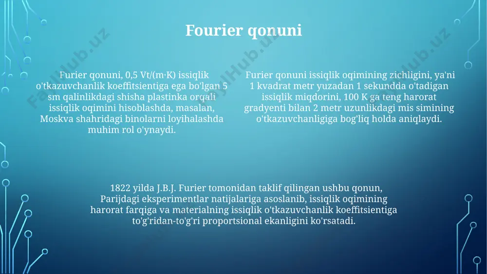 tabiiy gaz tejash mumkin, bu esa samarqanddagi o'rtacha oila uchun sezilarli iqtisodiy foyda keltiradi. gazlarning issiqlik o'tkazuvchanligi gazlarning issiqlik o'tkazuvchanligi 0,024 vt/(m·k) atrofida bo'lib, xona haroratida havoning issiqlik o'tkazuvchanligi samarqanddagi sharoitlarda o'rtacha 0,026 vt/(m·k) ga yetishi mumkin. tog'li hududlarda, masalan, farg'ona vodiysidagi balandliklarda, havoning zichligi pasayishi tufayli, uning issiqlik o'tkazuvchanligi taxminan 5-10% ga kamayishi mumkin, bu esa 0,023 vt/(m·k) ga yaqin qiymatlarni beradi. vodorod kabi engil gazlarning issiqlik o'tkazuvchanligi, masalan, 0,18 vt/(m·k) ga yaqin bo'lib, og'ir gazlar, xususan, karbon dioksidga (0,016 vt/(m·k)) nisbatan ancha yuqori. issiqlik o'tkazuvchanligi va energiya samaradorligi 10 sm qalinlikdagi 0,1 vt/(m·k) issiqlik o'tkazuvchanligiga ega bo'lgan polyuretan ko'pikli izolyatsiyani qo'llash, samarqanddagi uyning qishda isitish xarajatlarini 20% ga kamaytirishi mumkin. energiya samaradorligini oshirish uchun, 0,2 vt/(m·k) issiqlik o'tkazuvchanligiga ega bo'lgan g'isht o'rniga, andijonda qurilayotgan yangi binolar uchun 0,08 vt/(m·k) issiqlik o'tkazuvchanligiga ega bo'lgan zamonaviy materiallarni ishlatish tavsiya etiladi. issiqlik o'tkazuvchanligi past bo'lgan materiallar, masalan, 0,04 vt/(m·k) ga yaqin …