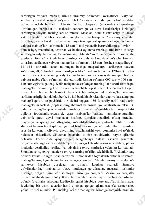 o’rsatiladi. 9) “daromad soligi to’langan foyda” moddasi bo’yicha (030-satr) to’langan foyda (daromad) soligi so’mmasi ko’rsatiladi. 10) “to’langan boshqa soliqlar” moddasi bo’yicha (031-satr) foyda (daromad) soligi va daromad soligidan boshqa barcha soliqlar, bojlar va ularga tenglashtirilgan yigimldar va ajratmalar so’mmasi ko’rsatiladi. 11) “jami to’langan soliqlar” moddasi bo’yicha (032-satr) 030 va 031 -satrlar yigindisi aks ettiriladi. 12) “nomoddiy aktivlarni harid qilish va sotish” moddasi bo’yicha (040-satr) “chiqim” ustunida korxonalar mol yetkazib beruvchiga nomoddiy aktivlarni harid qilganlik uchun to’langan( shu jumladan oldindan to’langan) pul mablag’lari va ekvivalentlari so’mmasini ko’rsatadi. “chiqim” ustunida nomoddiy aktivlarni sotish boshqa sotish jumlasiga kiradigan korxonalar nomoddiy aktivlarni sotganlik uchun kelib tushgan mablag’lar so’mmasini ( shu jumladan bilvosita soliqlar so’mmasini ) aks ettiradi. 13) “o’zok muddatli aktivlarni harid qilish va sotish” moddasi bo’yicha (041- satr) “chiqim” ustunida korxonalar o’zok muddatli aktivlar- kuchmas mulk, binolar, 154 uskunalar va boshqa asosiy vositalarni harid qilganlik uchun mol yetkazib beruvchiga to’langan ( shu jumladan …