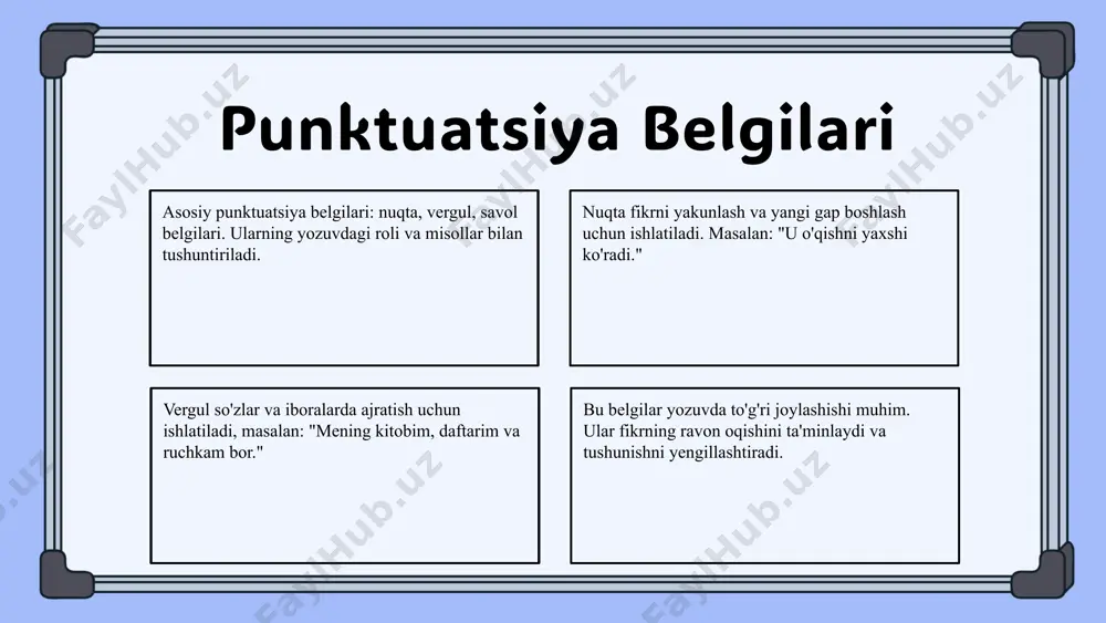 lash usullari, masalan, guruh yoki juftlik ishlari, fikr almashish va baholash, punktuatsiya tushunchalarini chuqurlashtirishga yordam beradi. punktuatsiya va yozuv jarayoni yozuv jarayonida punktuatsiyaning roli aniq va muhim. to'g'ri punktuatsiya yozuvning tushunarli va ravon bo'lishini ta'minlaydi. asosiy punktuatsiya belgilari: nuqta, vergul, nuqta-vergul. ularning joylashuvi yozuv ma'nosini aniqlashga yordam beradi. o'qituvchilar uchun punktuatsiya qoidalarini tushuntirish, misollar bilan ishlash va mashqlar o'tkazish muhim. bu usullar o'quvchilarning yozuvdagi punktuatsiyani to'g'ri qo'llashini rivojlantiradi. photo by ave calvar on unsplash xulosa punktuatsiya yozuvda ma'lumotlarning to'g'ri tushunilishi va o'qilishi uchun muhim. belgilar yordamida so'z va jumlalar mazmunini aniqroq ifodalaydi va matnning oqimini ta'minlaydi. darsliklarda punktuatsiya belgilari va ularning o'rni muhim. o'qituvchilar va o'quvchilar punktuatsiya qoidalarini to'g'ri tushunib, ularni amalda qo'llashlari kerak. bu o'qish va yozuv sifatini oshiradi. yozuv jarayonida punktuatsiyaning to'g'ri qo'llanilishi yozuvchining fikrini aniq ifodalashga yordam beradi. qoidalarni bilish va ularga amal qilish yozuvchilarning samaradorligini oshiradi. punktuatsiya ta'siri va samaradorligi o'qish va yozuvda muhim rol o'ynaydi. …