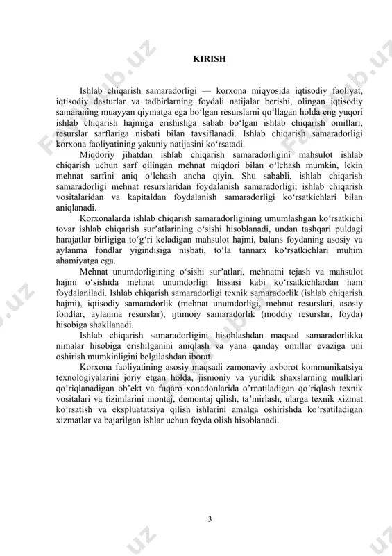 hni ham o’z ichiga oladi. bular orasida ishlab chiqarish samaradorligini to’xtovsiz oshirib borish asosiy o’rinda turadi. har qanday jamiyatda ham ijtimoiy ishlab chiqarish samaradorligini oshirish iqtisodiy taraqqiyotning asosini yaratadi. o’zbekiston davlatining qudratini mustahkamlash, aholining moddiy va ma’naviy ne’matlarga bo’lgan ehtiyojlarini to’laroq qondirish, kelajakda esa, ularni mo’l-ko’l yaratish, iqtisodiy va ilmiy-texnika sohasida eng rivojlangan davlatlar qatoridan joy olish ishlab chiqarish samaradorligini oshirishga bevosita bog’liqdir. shu sababli ham, iqtisodiyotning erkinlashtirilishi sharoitida ishlab chiqarishning samaradorligini oshirish jiddiy masalalalardan biri hisoblanadi. hozirgi paytda ko’pgina resurslar chegaralangan, ularning aksariyati (metall, qurilish materiallari va boshqalar) xorijdan keltiriladi. shuning uchun mavjud resurslardan oqilona foydalanishga, mehnat unumdorligini oshirish, milliy va xorijiy sarmoyalarni ustuvor sohalarga joylashtirish kabi samaradorlikni oshirish vositalariga yetarli darajada e’tibor berish talab qilinadi. mustakillikka erishilganligi, qudratli iqtisodiy va ilmiy-texnik salohiyatniyaratilayotganligi, iqtisodiy-ijtimoiy munosabatlarning takomillashayotganligi ishlab chiqarish samaradorligini oshirish masalalarini birinchi o’ringa ko’ydi. binobarin, respublika prezidentining ma’ruza va nutqlarida, vazirlar mahkamasining qarorlarida ishlab chiqarishning, jumladan, korxona ishlab chiqarishi …
