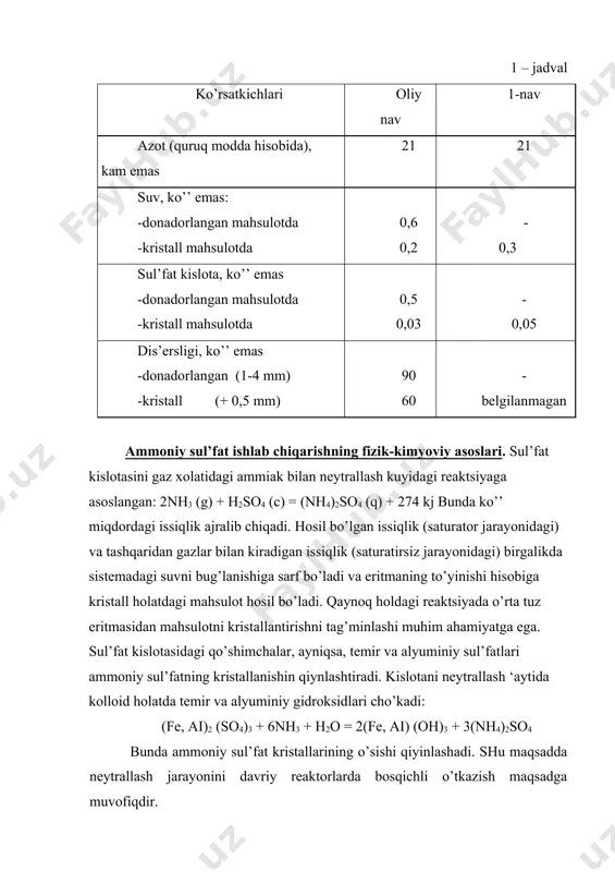 esa ammiakli skrubberlarda suvga yuttiriladi. hosil qilingan ammiakli suv va smola uski suvidan distillyatsiya kolonnalarida ammiak ajratib olinadi va uni sul’fat kislotasiga yuttiriladi. bu usulda katta hajmdagi jihozlar va ko’’ miqdordagi energiya talab etiladi. belvosita usul bo’yicha ammiak gazining sul’fat kislotasi eritmasida yutilishi hisobiga ammoniy sul’fat hosil qilish bilan oldindan 680s gacha sovutilgan va elektrofilg’trlarda smoladan tozalangan koks gazini doimiy yuborish orqali amalga oshiriladi. iqtisodiy jihatdan maqbul va keng tarqalgan usul bu yarimbevosita usuldir. bunda koks gazidagi smolani kondensatlash uchun 25-300s gacha sovutiladi. kondensat 2 qatlamga ajratiladi: quyi qatlamda smola va yuqori qalamda smola ustki suvi bo’lib, unda gaz tarkibidagi bir qism ammiak erigan bo’ladi. smola ustki suvini distillyatsiya kolonnasida ohakli suv bilan ishlanadi va hosil qilingan ammiak gazi elektrfilg’trlarda smoladan tozalangan koks gazi bilan birgalikda sul’fat kislotasiga yuttirish uchun yuboriladi. koks gazidagi ammiakni yuttirish barbotaj turidagi saturatorlarda (saturatorli usulda) yoki skrubberlarda (saturatorsiz usulda) amalga oshirilishi mumkin. saturatorli usulda koks …