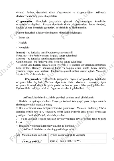 python dasturlash tilida o’zgarmaslar va o’zgaruvchilar — DOCX