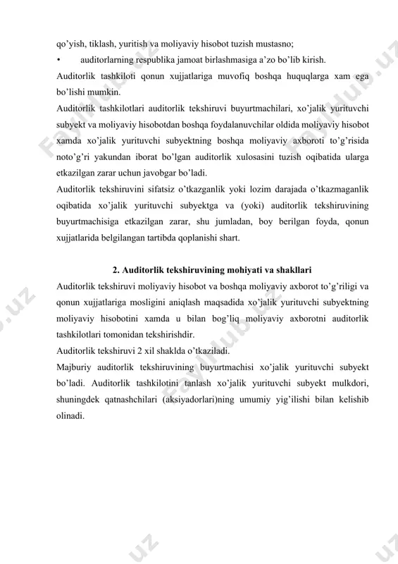 kt mulkdori, shuningdek qatnashchilari (aksiyadorlari)ning umumiy yig’ilishi bilan kelishib olinadi. auditorlik tekshiruvi ning shakllari majburiy auditorlik tekshiruvi tashabbus tarzidagi auditorlik tekshiruvi 2-rasm. auditorlik tekshiruvining shakllari[footnoteref:5] [5: o’zbekiston respublikasining “auditorlik faoliyati to’g’risida”gi qonuni yangi tahrirda 2000 yil 26 may ] quyidagilar xar yili majburiy auditorlik tekshiruvidan o’tishi kerak: · aksiyadorlik jamiyatlari; · banklar va boshqa kredit tashkilotlari; · sug’urta tashkilotlari; · investisiya fondlari xamda yuridik va jismoniy shaxslarning mablag’larini jamlab turuvchi boshqa fondlar xamda ularning investisiya aktivlarini ishonchli boshqaruvchilar; · manbalari yuridik va jismoniy shaxslarning ixtiyoriy badallari bo’lmish xayriya fondlari va boshqa ijtimoiy fondlar; · mablag’larining xosil bo’lish manbalari qonun xujjatlarida nazarda tutilgan, yuridik va jismoniy shaxslar tomonidan qilinadigan majburiy ajratmalar bo’lmish byudjetdan tashqari fondlar; · ustav fondida davlatga tegishli ulush bo’lgan xo’jalik yurituvchi subyektlar. hisobot yilidan keyingi yilning 1 mayigacha yillik moliyaviy hisobot auditorlik tekshiruvidan o’tkazilmasligi hamda auditorlik xulosasi mavjud emasligi xo’jalik yurituvchi subyektning majburiy auditorlik tekshiruvi o’tkazilishidan bo’yin tovlashi …