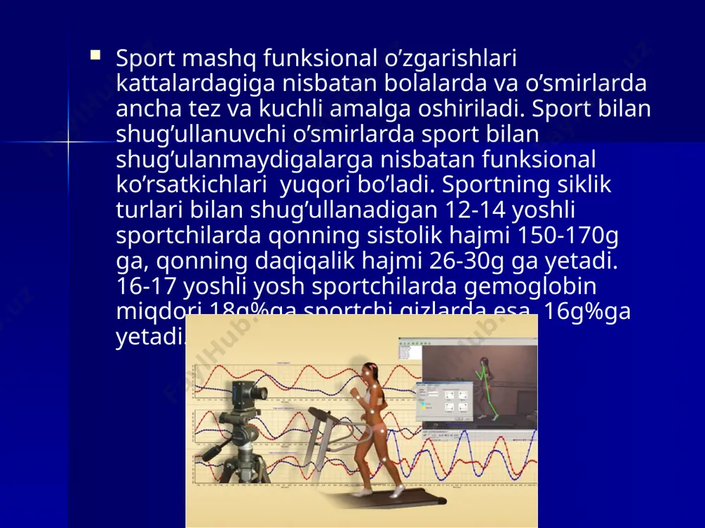 gi, huddi kattalarda bo’lganidek gavdaning turli qismida turlicha bo’ladi. qo’l barmoqlarning harkatlanish sekin bo’ladi. bolalarda harakat tezligi 7 yoshdan 16 yoshga, kirguncha 1,5 barobar ortadi. harakat tezliginining eng kuchli ortishi 7 yoshdan 17 yoshgacha borguncha kuzatiladi. bu davrda harakat tezligining har yildagi o’rtacha o’sishi bir soniyaga 0,3-0,6 harakatni tashkil etadi. 10-11 yoshli bolalarda harakat tezligi biroz pasayib, 12-13 yoshlarda yanada ortadi. vaqt birligidagi harakat soni qizlarda 14 yoshda, bolalarda esa 15 yoshda yuqori darajaga yetadi. bu sportchilarda mantiq ta’sirida harakat tezlashadi. harakat sonining vaqt birligida eng ko’p ortish 2-12 yoshda bo’lishi belgilangan . image1.jpeg image2.jpeg image3.jpeg image4.jpeg image5.png image6.gif image7.gif image8.gif image9.gif
