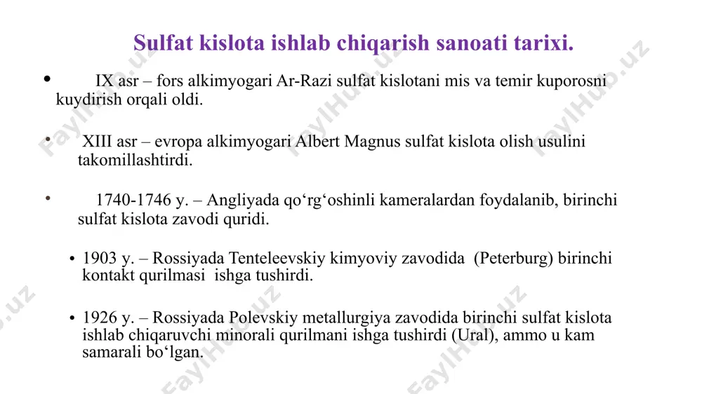 tmasligi uchun avval o’lchamlari 120x120x10 mm halqalarni, so‘ngra 100x100x10 mm, 80x80x8 mm, keyin esa o’lchamlari 50x50x5 mm halqalar yotqiziladi. nasadkalar pastdan kelayotgan gaz oqimining gidravlik qarshiligini kamaytirish maqsadida to‘g‘ri qatorlar bo‘yicha yotqiziladi. sulfat kislota minoraga minora tomiga o‘rnatilgan tomchi sachratuvchi orqali kiradi, gidravlik tamba orqali esa oqib chiqadi. minoralar bir-biri bilan kislotaga chidamli po’lat qoplamali gaz o‘tkazgichlar orqali bog’langan. tomchi sachratuvchilar turli konstruksiyali bo’lib, ularning vazifasi minora kesimi bo‘yicha kislotani bir tekis taqsimlashdan iborat bo’ladi. 1 t h 2so4 ga sarf koeffitsiyentlari: kolchedan (45 % s ga hisoblaganda), kg 760 – 780 nitrat kislota, kg 20 gacha elektr energiya, kv • soat 25 – 30 suv, m3 25 – 30 navoiy kmk dk tarkibida sulfat kislota ishlab chiqaradigan zavod. sulfat kislota ishlab chiqarishda texnika xavfsizligi sulfat kislota ishlab chiqarishda oltingugurt ikki oksidi, azot oksidlari, quruq materiallar, tumansimon sulfat kislotalar bilan zaharlanish, sulfat kislota va oleumga tegib ketganda kimyoviy kuyishi, termik …