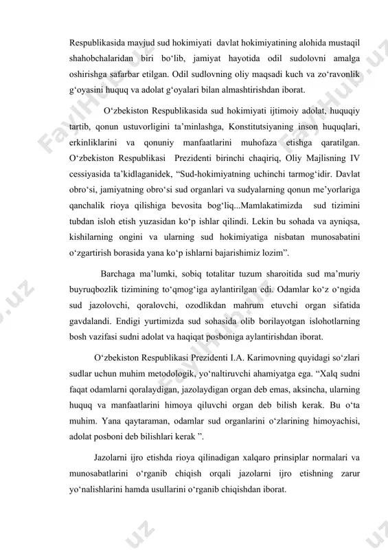 vchi ahamiyatga ega. “xalq sudni faqat odamlarni qoralaydigan, jazolaydigan organ deb emas, aksincha, ularning huquq va manfaatlarini himoya qiluvchi organ deb bilish kerak. bu o‘ta muhim. yana qaytaraman, odamlar sud organlarini o‘zlarining himoyachisi, adolat posboni deb bilishlari kerak ” . jazolarni ijro etishda rioya qilinadigan xalqaro prinsiplar normalari va munosabatlarini o‘rganib chiqish orqali jazolarni ijro etishning zarur yo‘nalishlarini hamda usullarini o‘rganib chiqishdan iborat. umuman olganda, har qanday jinoyatlarda bo‘lganidek, ozodlikdan mahrum qilish jinoyatida ham o‘ziga xos bo‘lgan bir qancha xususiyatlar mujassamlashgan. davlat siyosati bo‘yicha ozodlikdan mahrum qilish jinoyati davlat majburlovi hisoblanib, jamiyatni jinoyatchilardan xalos etish uchun qo‘llaniladi. lekin jamiyat jinoyatchilardan xalos etish uchun shu o‘rinda bu shaxslarni, agar tuzalish yuliga o‘tgan takdirda, halol shaxslar qatoriga qo‘shishga xam tayyor turadi. yuridik xususiyat bo‘yicha qoralash sudning qonunda belgilangan bir qator huquqiy cheklashlaridan iborat, bunday cheklashlar ozodlikdan mahrum qilishning xususiyatiga karab bir-biridan farqlanishi mumkin. ruhiy jihatdan qoralash mahkumning ichki hissiyotlariga nisbatan ta’sir etib, …