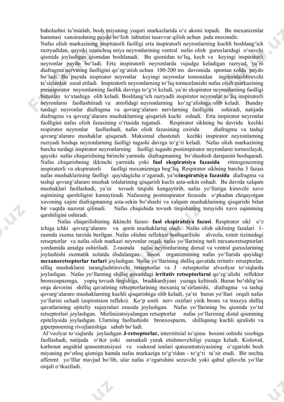 ar katta ahamiyatga ega. respiratsiya barcha tirik sistemalarning yagona o‘ziga xosligi bo‘lib: respiratsiya uzunchoq miya markazi orqali avtonom boshqariladi , ammo nafas iroda kuchi ta’sirida o‘zgarishi mumkin, bu o‘z navbatida bosh miya po‘stloq faoliyati bilan bog‘liq. individum o‘zining nafas faoliyatini boshqarish kuchiga ega. o‘pkaning ventilyasion va gaz almashinuv funksiyasini boshqaruvchi sistemaning bo‘zilishi asosida nafas olishining noqulaylik xissi yuzaga keladi. ko‘pincha buni klinitsistlar xansirash sindromi sifatida qabul qiladi. respirator sistema fiziologik metabolizm darajasini saqlash uchun ishlaydi. nafas motoneyronlari medulla ning klaster neyronlaridan kelib chiqadi. efferent neyronlari zaryadsizlanishi o‘z navbatida ko‘krak qafasi retseptorlariga ta’sir qilib ventilyasiya xajmini belgilab beradi. nafas kislorod , karbonat angidrit va qon, to‘qimadagi vodorod ionlari qonsentratsiyasi bilan boshqariladi. periferik, markaziy xemo retseptorlar va o‘pkaning nafas yuzasidagi mexanoretseptorlar ta’sirlanib, nafas ritmini generatsiyasiga jalb qilib, nafas patternosini keltirib chiqaradi. karbonat angidrid va kislorod miqdorining oshishi medulla da joylashgan markaziy retseptorlar va uyqu arteriyasi, aorta joylashgan xemoretseptorlar orqali qabul qilinadi. nafas …