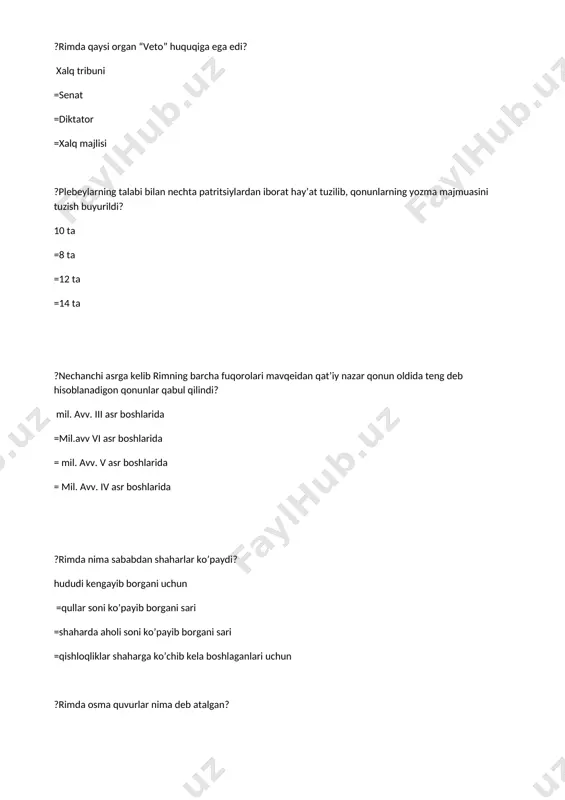 r tomoshasi bo’lgan =masxarabozlar tomoshasi bo’lgan ?aslida gladiatorlarlar kimlar bo’lgan? qullar va jinoyatchilar =jangchilar va asirlar =harbiylar =hayvon o’rgatuvchilar ?gladiatorlar qayerda ta’lim olar edilar? maxsus yopiq maktablarida =qamoqxonalarda =harbiy tayyorgarlik vaqtida =sport musobaqalarida ?gladiatorning hayot-mamoti kimlarga bog’liq edi? tomoshabinlar xohish istagiga =quldorlarga =konsullarga =eng kuchli gladiatorga ?agar tomoshabinlar o’ng qo’lining bosh barmog’ini yuqoriga ko’tarsa…? yengilgan gladiator tirik qolar =yengilgan gladiatorlar tomoshabinlar ko’z o’ngida o’ldirilardi =gladiatorlar jangi yana davom ettirilardi =jang to’xtatilar edi ?aksincha tomoshabinlar o’ng qo’li bosh barmog’ini pastga qaratsa…? yengilgan gladiatorlar tomoshabinlar ko’z o’ngida o’ldirilardi =yengilgan gladiator tirik qolar =gladiatorlar jangi yana davom ettirilardi =jang to’xtatilar edi ?janglar qayerda bo’lib o’tardi? amfiteatrda =stadionlarda =harbiy maktablarda =teatr tomoshalarida ?kolizeyga qancha tomoshabin siqqan edi? 50000 =30000 =40000 =60000 ?gladiatorlar qanday qurollar bilan kurashganlar? biri qilich va qalqon bilan,boshqasi esa to’r va changak bilan =biri qilich va qalqon bilan boshqasi qurolsiz tushgan =biri to’r va changak bilan boshqasi qilich, nayza bilan =biri …