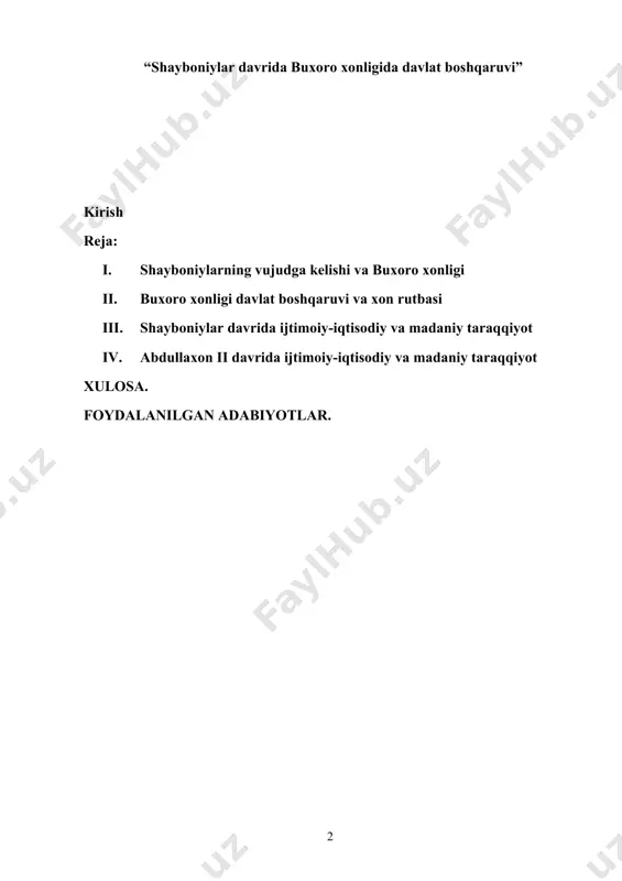 nti i.a.karimov tashabbusi bilan tarixiy – madaniy merosni o’rganish va targ’ib etish, ta’lim tizimida yangi pedagogik texnologiyalarni joriy etish, o’quvchilarni komil inson darajasida tarbiyalashga katta e’tibor berilib, bu sohada ulkan ishlar amalga oshirilmoqda. uchinchidan o’zbekiston tarixining muhim burilish nuqtasi hosoblanmish shayboniylar davrini ilmiy manbalar asosida tahlil etish fanimiz oldida turgan dolzarb vazifalardan biridir. o’quvchilarga o’zbekiston tarixi fanini o’qitishda shayboniylar davri tarixining pedagogik asoslarini aniqlash hozirga qadar yaxlit ilmiy tadqiqot sifatida o’rganilgan emas. bu esa mavzuning dolzarbligini yanada oshiradi. 2 tariximizda somoniylar, g’aznaviylar, qoraxoniylar, xorazmshoxlar, temuriylar, shayboniylar, ashtarxoniylar va mang’itlar kabi sulolalar hukmronlik qilganini bilamiz. shu nuqtai nazardan olganda shayboniylar davrining dolzarbligi shundan iboratki, biz bu davrni yanada muhimroq o’rganmog’imiz, o’sha davrda hukmronlik qilgan xukmdorlar qilgan ishlarini chuqurroq tahlil qilmog’imiz, ochilmagan, siru-sinoatlarni ochib bermog’imiz darkor. bizga ma’lumki, bir qator tarixchilarimiz shayboniylar davriga oid bir qancha asarlar yozishgan. jumladan, b. axmedovning “tarixdan saboqlar”, “to’rt ulus tarixi”, z.m. boburning “boburnoma”, abdulg’ozixonning “shajarai turk”, …