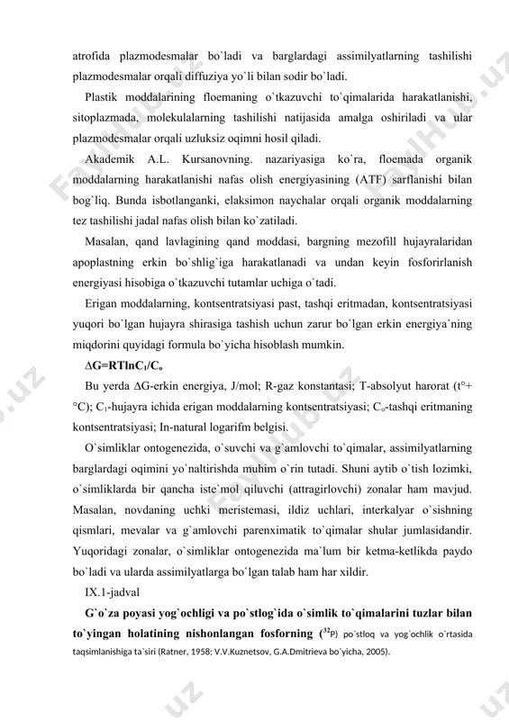 l g`o`za poyasi yog`ochligi va po`stlog`ida o`simlik to`qimalarini tuzlar bilan to`yingan holatining nishonlangan fosforning (32p) po`stloq va yog`ochlik o`rtasida taqsimlanishiga ta`siri (ratner, 1958; v.v.kuznetsov, g.a.dmitrieva bo`yicha, 2005). poya qismi 32p tashiluv yo`li mineral moddalar bilan to`yinganlik darajasi past yuqori pastki po`stloq 124 150 yog`ochlik 116 395 o`rta po`stloq 170 131 yog`ochlik 131 571 yuqorigi po`stloq 373 218 yog`ochlik 235 692 po`stloqning yog`ochlikka nisbati poya qismi pastki 1.07 0.38 o`rta 1.30 0.31 yuqorigi 1.59 0.32 yog`ochli o`simliklarda g`amlovchi zona bo`lib poya va ildizning kambial qatlami hisoblanadi. daraxtlarning har yilgi qalinlashishi bunga misol bo`ladi. reproduktiv organlarni hosil bo`lishi va rivojlanishida assimilyatlarga bo`lgan talab kuchsiz bo`ladi, ammo o`simlik guli changlangandan keyin ya`ni zigota hosil bo`lganidan so`ng assimilyatlarga bo`lgan talab keskin kuchayadi. go’zadagi ayrim mevalarda attragirlovchi kuchning yetarli bo`lmasligi natijasida gullarning to`kilib ketishi yuz beradi. o`simlik to`qimalarini sitokinin va auksinlar bilan boyishi natijasida nuklein-oqsilli almashinuvini tezlashtiradi. buning natijasida esa to`qimalarning o`sishi tezlashadi va assimilyatlarning …