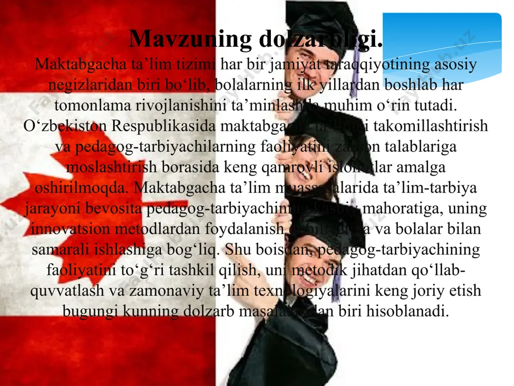 ilmiy-metodik markazlari kengaytirilmoqda, ularning siyoiy tayyorgarligiga talab kuchaytirilmoqda; har 4-5 yilda qayta tayyorlashdan o‘tishlari сtarbiyachi o‘zi yashab turgan o‘lka hayotini bilishi tabiat va jamiyat omillarini tushunishi ijtimoiy faol bo‘lishi kerak. respublikamiz rahbariyati pedagoglar faoliyatini yuqori baholamoqda. ma’lumki o‘zbekiston respublikasining birinchi prezidenti (1996-yil 9- yanvardagi) farmoniga binoan «1 oktyabr xalq ta’limi hodimlari – o‘qituvchi murabbiylar kuni» deb e'lon qilindi. bu voqea davlatimizni o‘qituvchilarni jamiyatda tutgan o‘rni naqadar yuksakligidan dalolat beradi. yosh avlodni barkamol qilib tarbiyalashda erishgan yutuqlari uchun, pedagog ishidagi ijodiy mehnatlari uchun, ilg‘or tajribalarni umumlashtirishda erishgan yutuqlari uchun o‘qituvchi, tarbiyachilar «metodist o‘qituvchi», «katta o‘qituvchi», «metodist - tarbiyachi», «xalq maorifi a’lochisi» va shu kabi sharafli unvonlar bilan taqdirlanadilar. xalk ta’limi xodimlari orasidan respublika buyicha deputatlar saylanishi ham ularga bo‘lgan chuqur hurmat-ehtiromni bildiradi. jumhuriyatimizda pedagog xodimlarning oylik maoshlari yildan-yilga oshirilib, turmush sharoitlari yaxshilanib kelinmokda. pedagog xodimlarni malakasini oshirish ilmiy-metodik markazlari kengaytirilmokda, ularning siyosiy tayyorgarligiga talab kuchaytirilmokda, har 4-5 yilda qayta tayyorlashdan o‘tishlari …