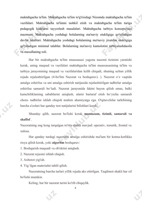 a boshqalar. tezkor nazorat uchun savollar ro'yxatini "maktabgacha ta'lim muassasasi uchun qo'llanma: nazorat va diagnostika funktsiyasi", 2003 yil kitobida topish mumkin. maktabgacha ta’lim bolaning sog’lom, shartomonlama kamol topibshakllanishini ta’minlaydi, unda o’qishga intilish hissini uyg’otadi, uni muntazam ta’lim olishga tayyorlaydi hamda bola olti-yetti yoshga yetguncha davlat va nodavlat maktabgacha ta’lim muasasalari va oilalarda amalga oshiriladi. bu kabi ta’lim muassasalarining faoliyatini tashkil etishda mahallalar, jamoat va xayriya tashkilotlari, xalqaro fondler faolishtirok etadi. bolalarni maktab talimiga tayyorligini tashxislash usullari. bolalarni maktab rejimiga tayyorgarligi. bolaning normal rivojlanishi. 6 yoshli bolaning taxminiy kundalik rejimi. bolalarni maktabga tayyorlashdaaqliy tayyorgarlik. kurs ishining tuzulishi: 2 bob 4 paragrf, xulosa va tavsiyalar, foydalanilgan adabiyotlar ro’yxati. i. bob maktabgacha yoshdagi bolalar rivojlanishi 1.1. 6-7 yoshli maktabgacha yoshdagi bolalarning psixologik jarayonlarining rivojlanishi ushbu o'qitish tamoyillarini amalga oshirish har doim ham muvaffaqiyatli emas, chunki bu ko'plab tarkibiy qismlarga bog'liq: maktabning moddiy holati, o'qituvchilarning uslubiy va kasbiy malakasi va ko'plab ijtimoiy omillar. natijada, …